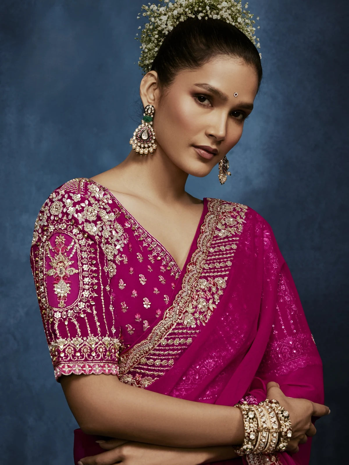Tarani magenta saree upper body view with premium embroidery and readymade heavy work blouse