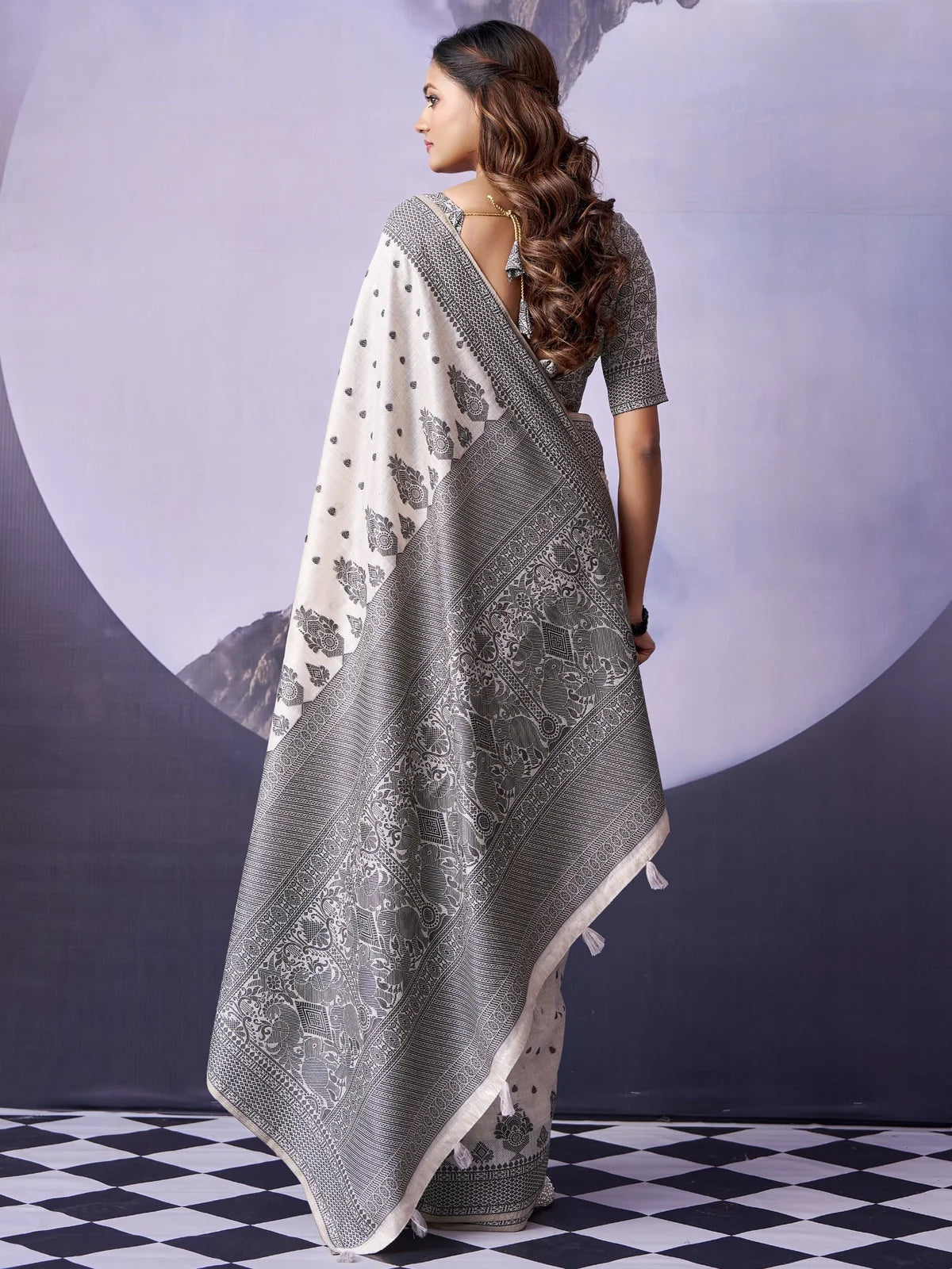 Tarani off white Fancy Premium Cotton saree back view showcasing pallu and rear blouse style