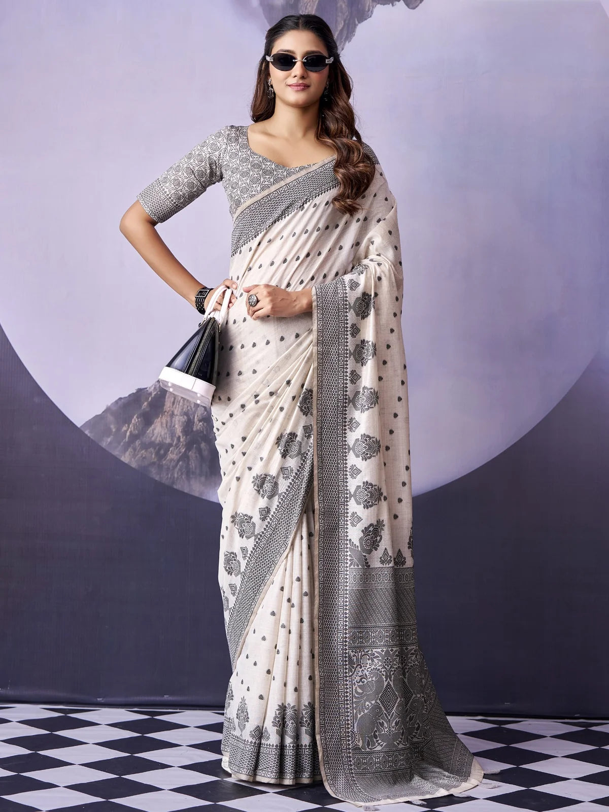 Tarani off white Fancy Premium Cotton saree full front view with woven border and cotton blouse