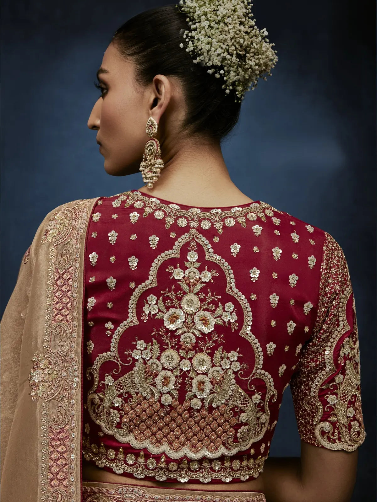 Tarani beige fancy saree back view with floral embroidered designer blouse for festive occasions