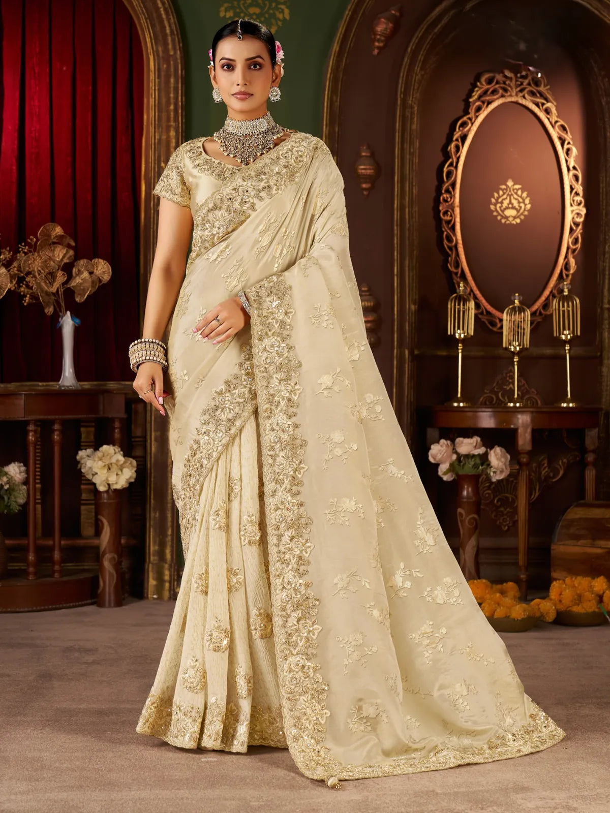 Tarani beige fancy saree with zari embroidery and heavy latkan pallu full view