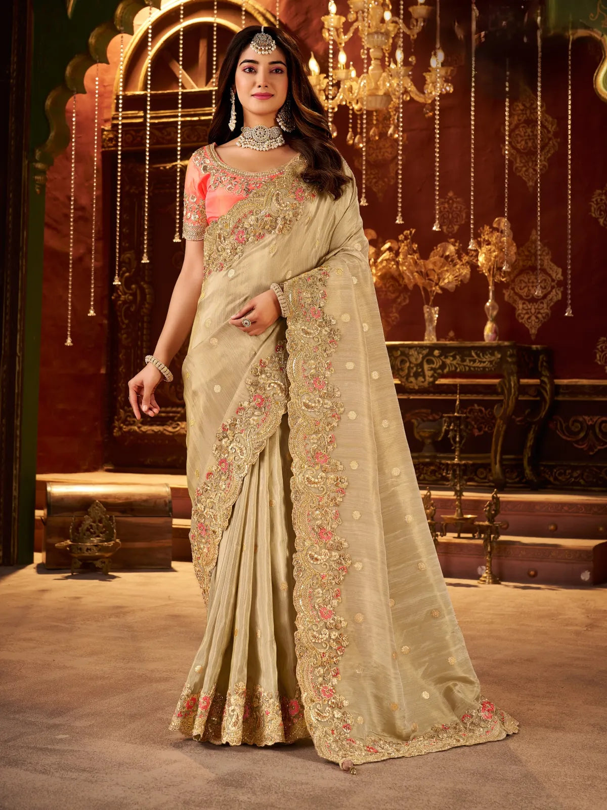 Tarani fancy beige saree with zari border and embroidered blouse for wedding and festive wear