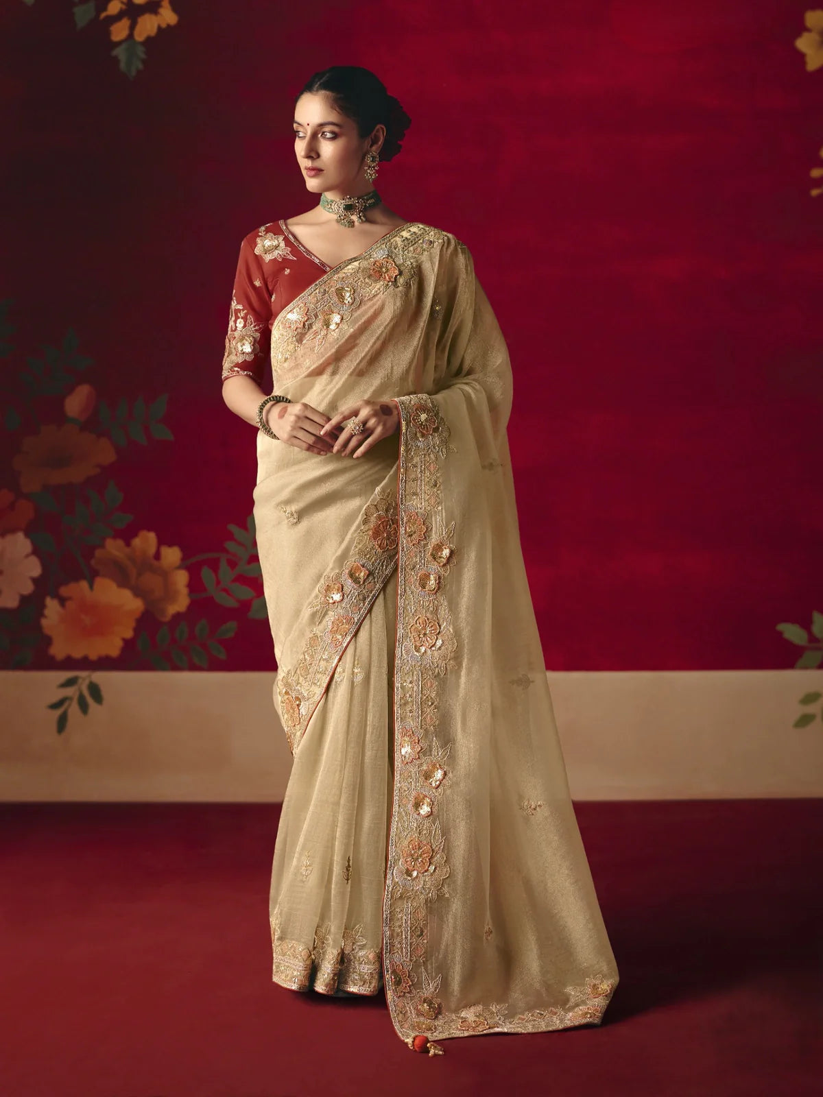 Tarani elegant beige fancy saree full view with rich sequin floral border