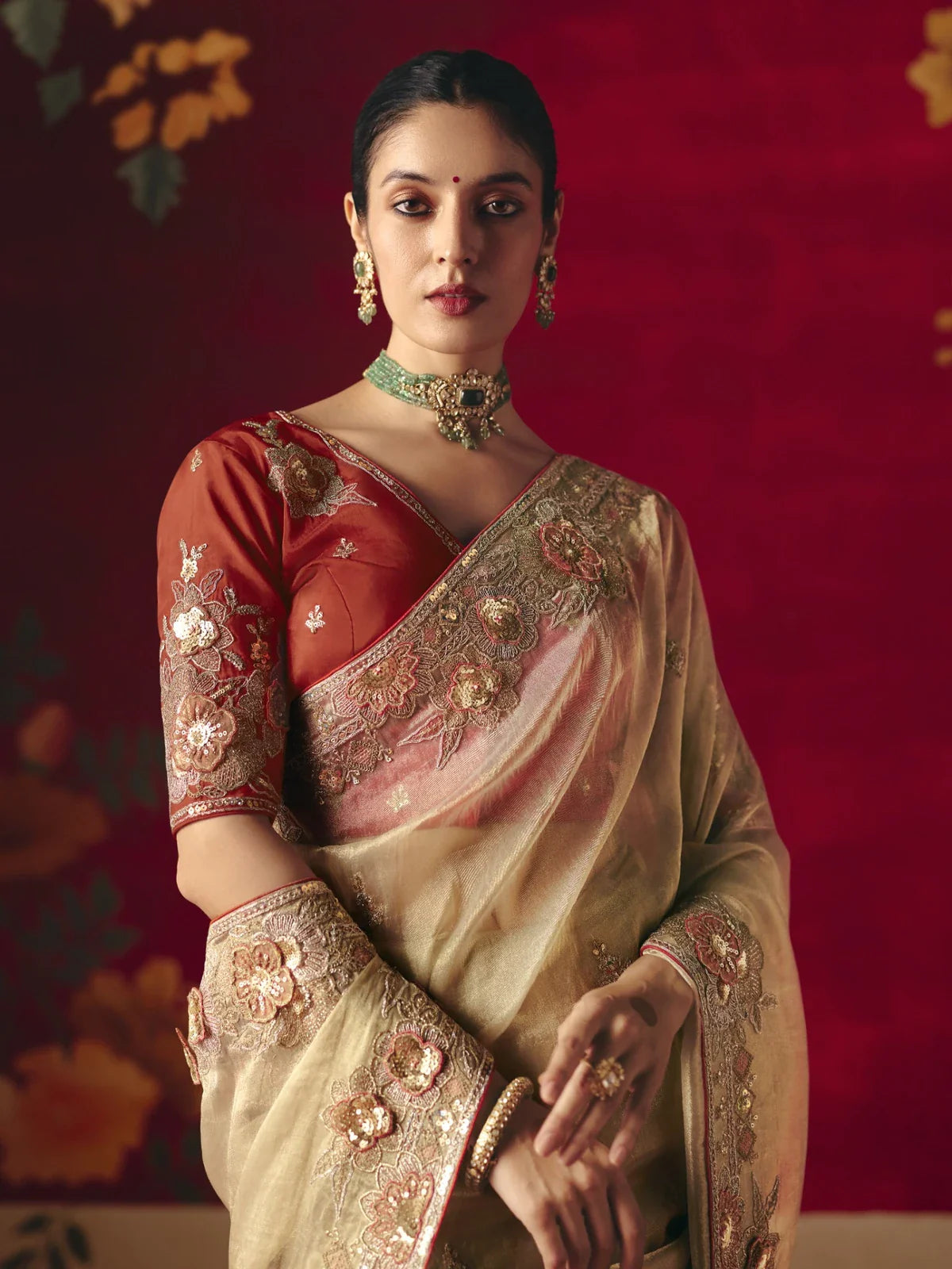 Tarani beige fancy saree with embroidered blouse closeup front view