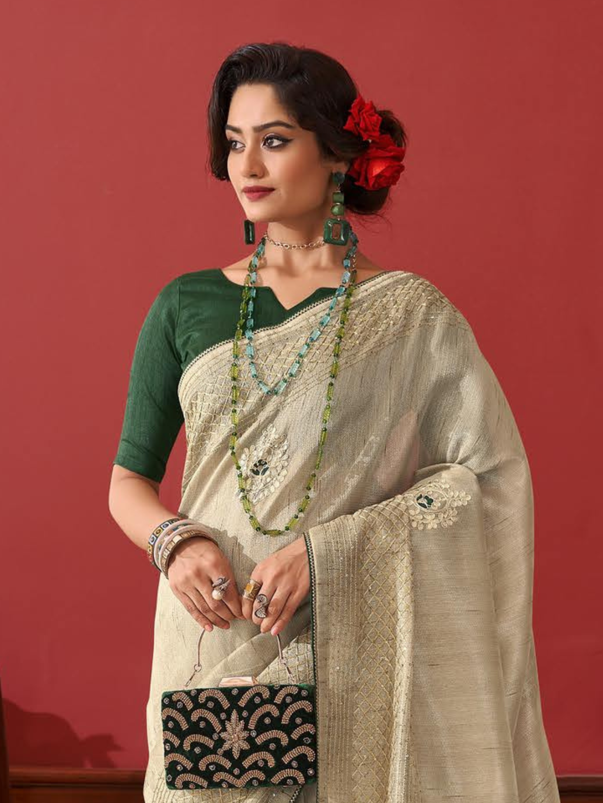 Tarani beige festive fancy saree upper body view with elegant embroidery design