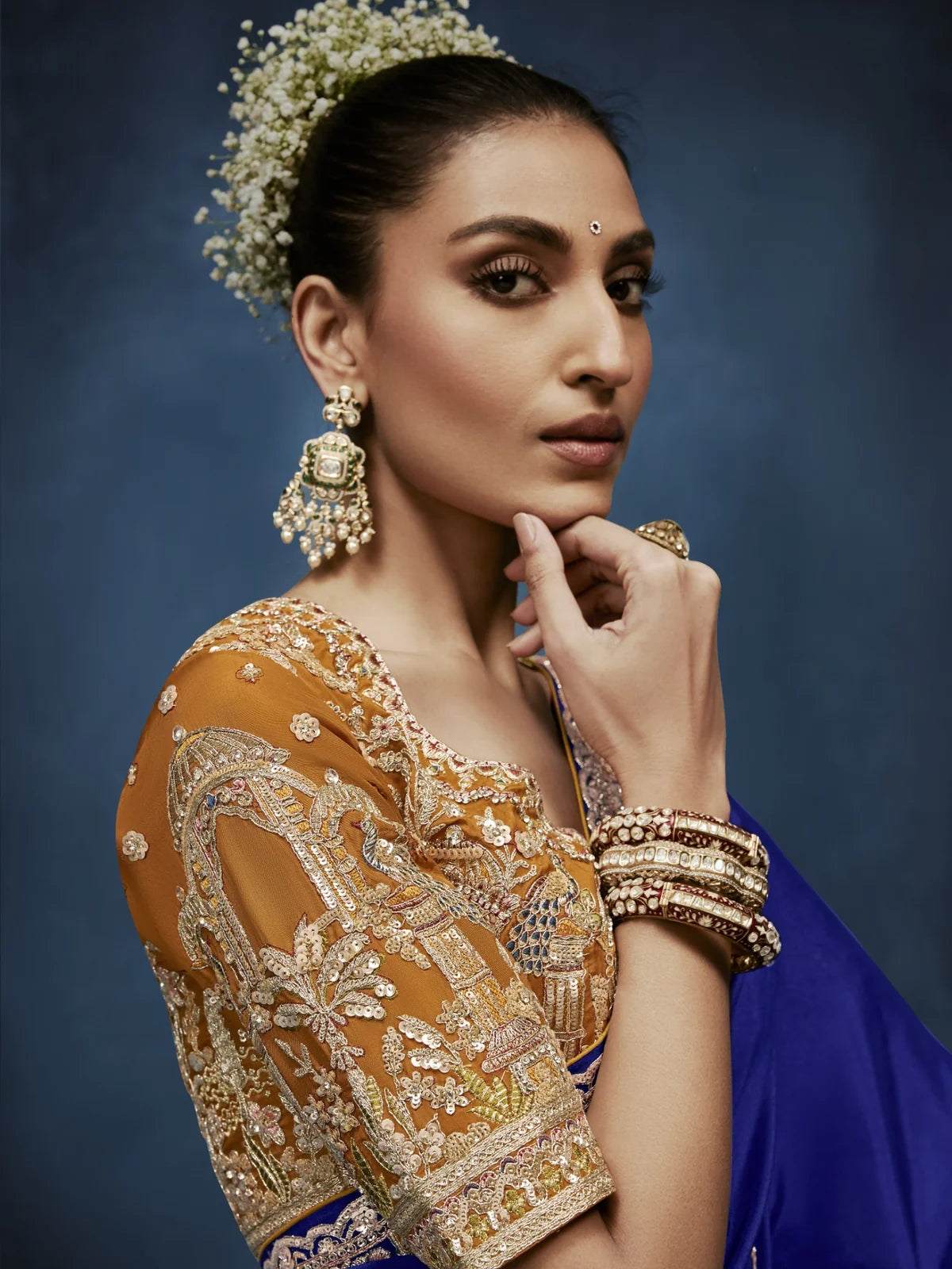 Tarani royal blue fancy saree upper body view with detailed zardosi style embroidered blouse