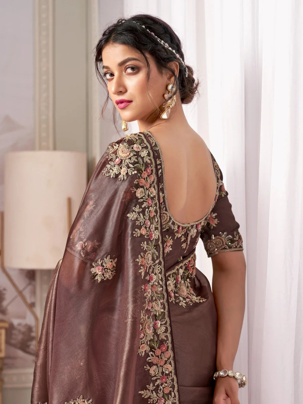 Tarani stylish brown fancy saree back view highlighting embroidered blouse