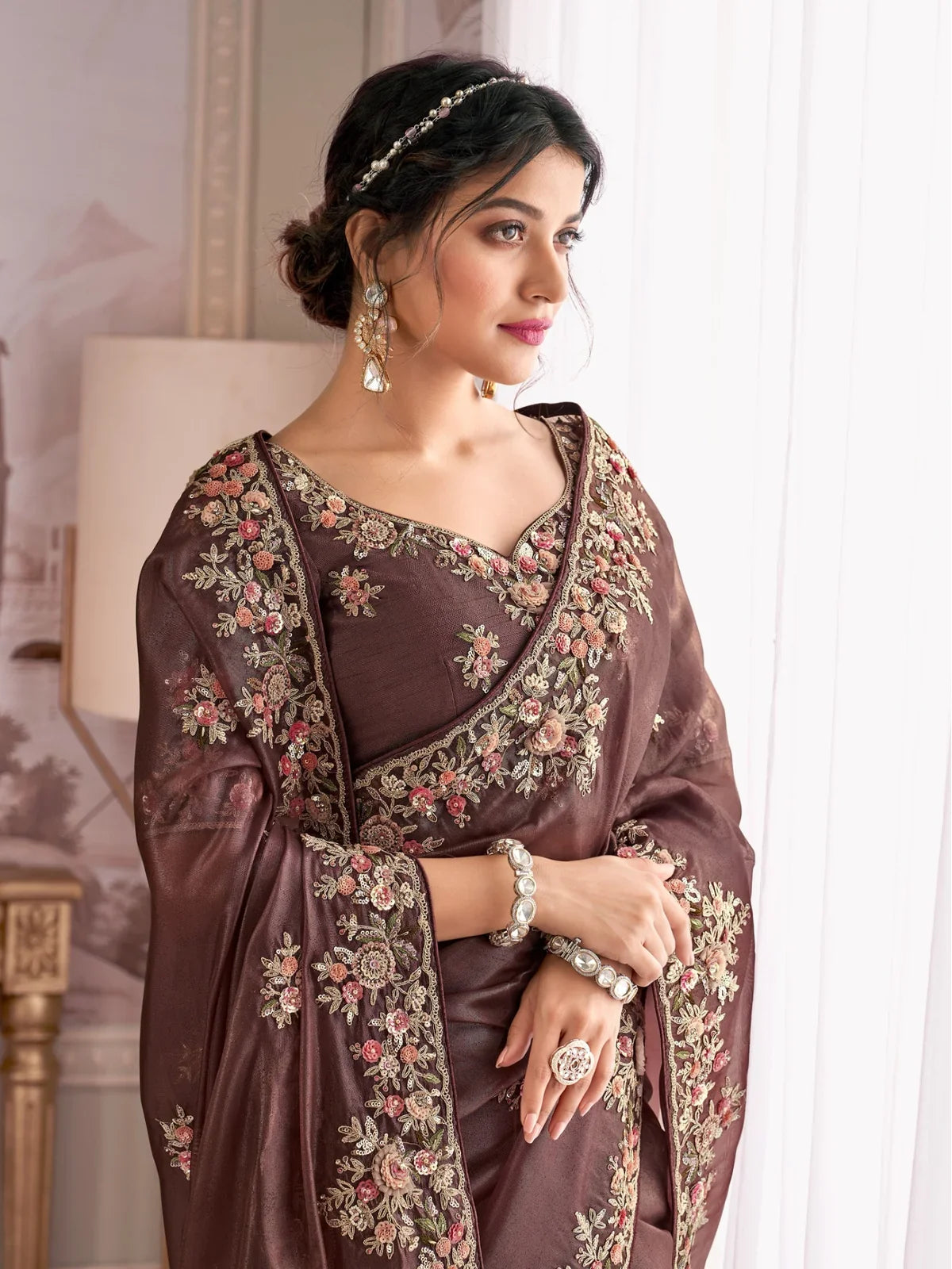 Tarani premium brown fancy saree front view perfect for weddings and festive wear