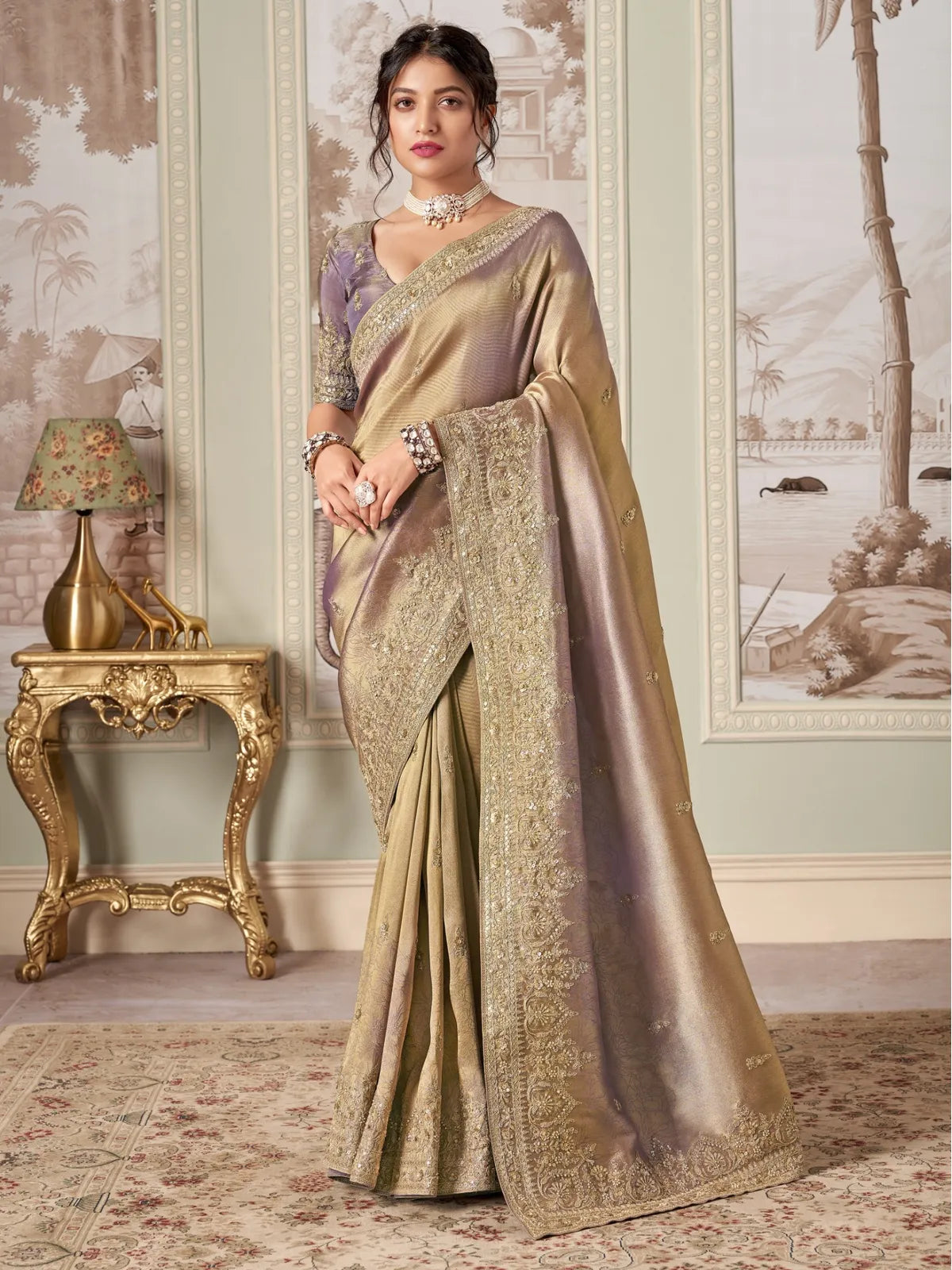 Tarani premium golden fancy saree full view with heavy cutwork border and embroidered blouse for weddings