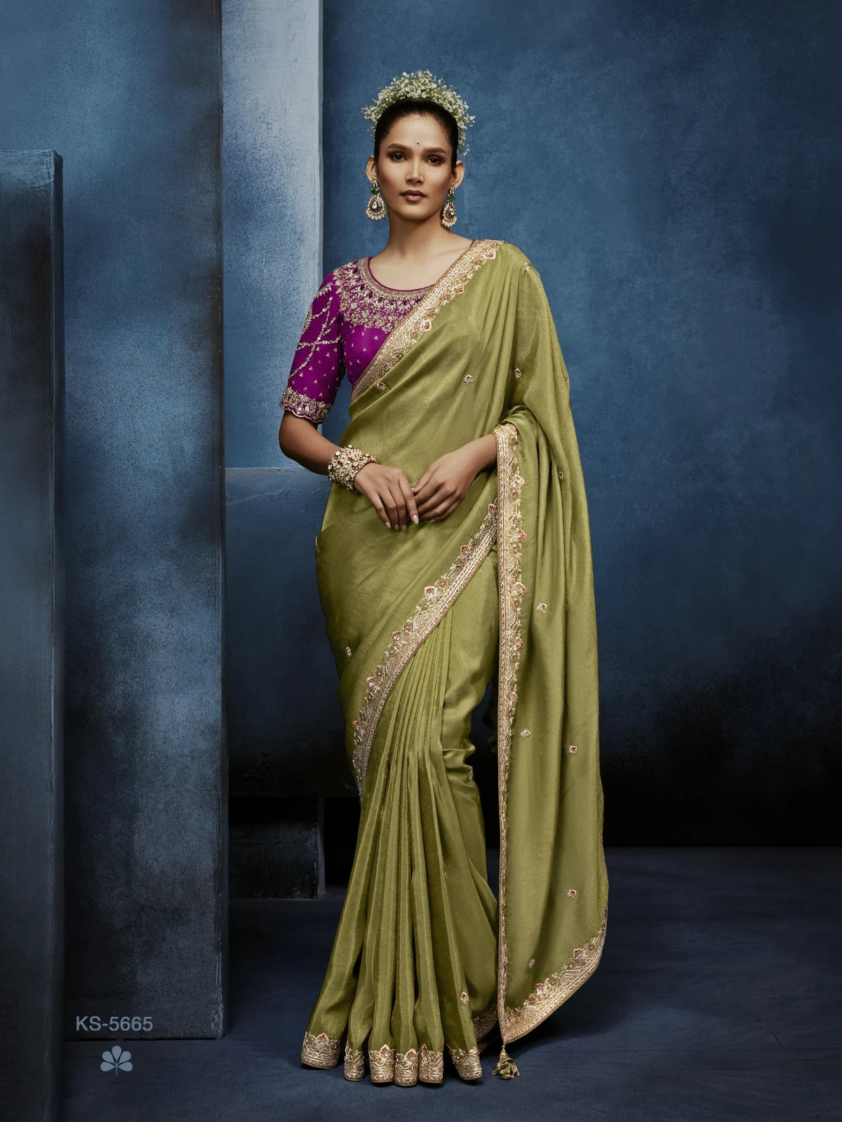 Tarani green designer saree with embroidered blouse full view for wedding and festive wear