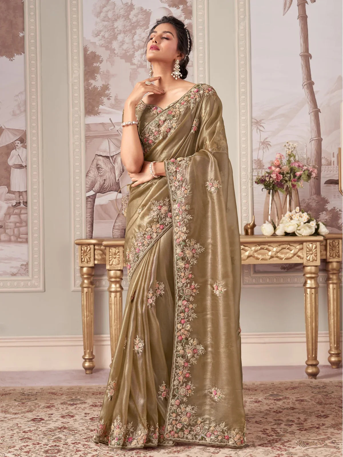 Tarani premium green fancy saree with cutwork border full view for weddings and festive wear