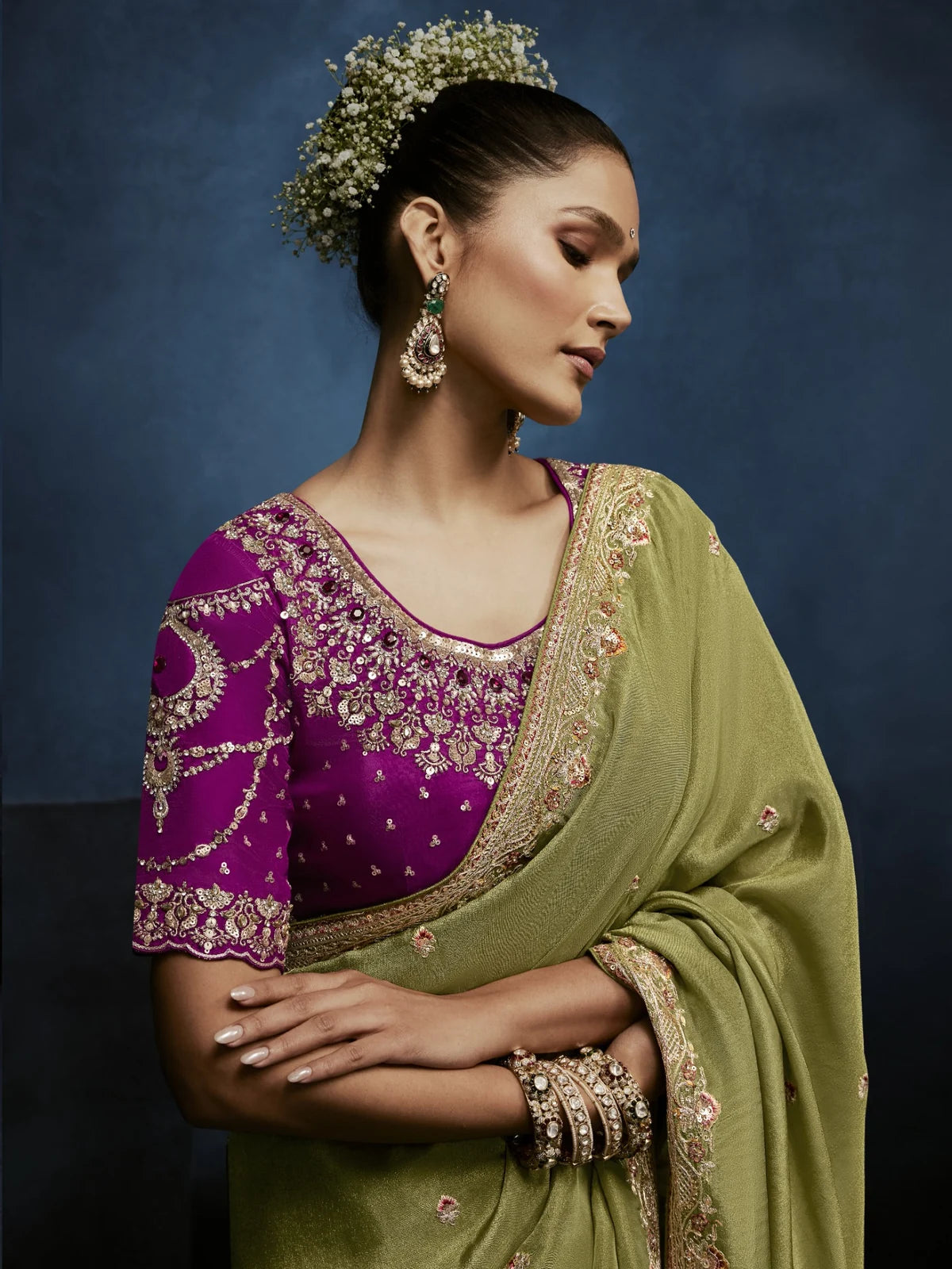 Tarani green saree upper body view with premium embroidered blouse and elegant border work