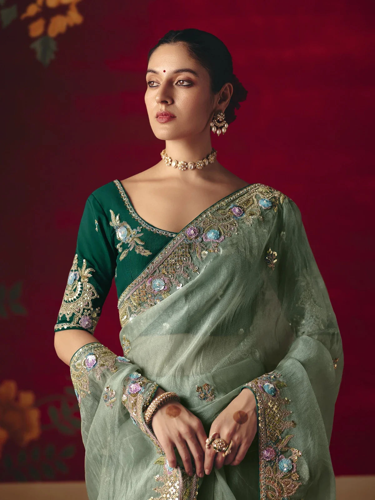 Tarani green saree upper body close-up showing sequin and embroidery details