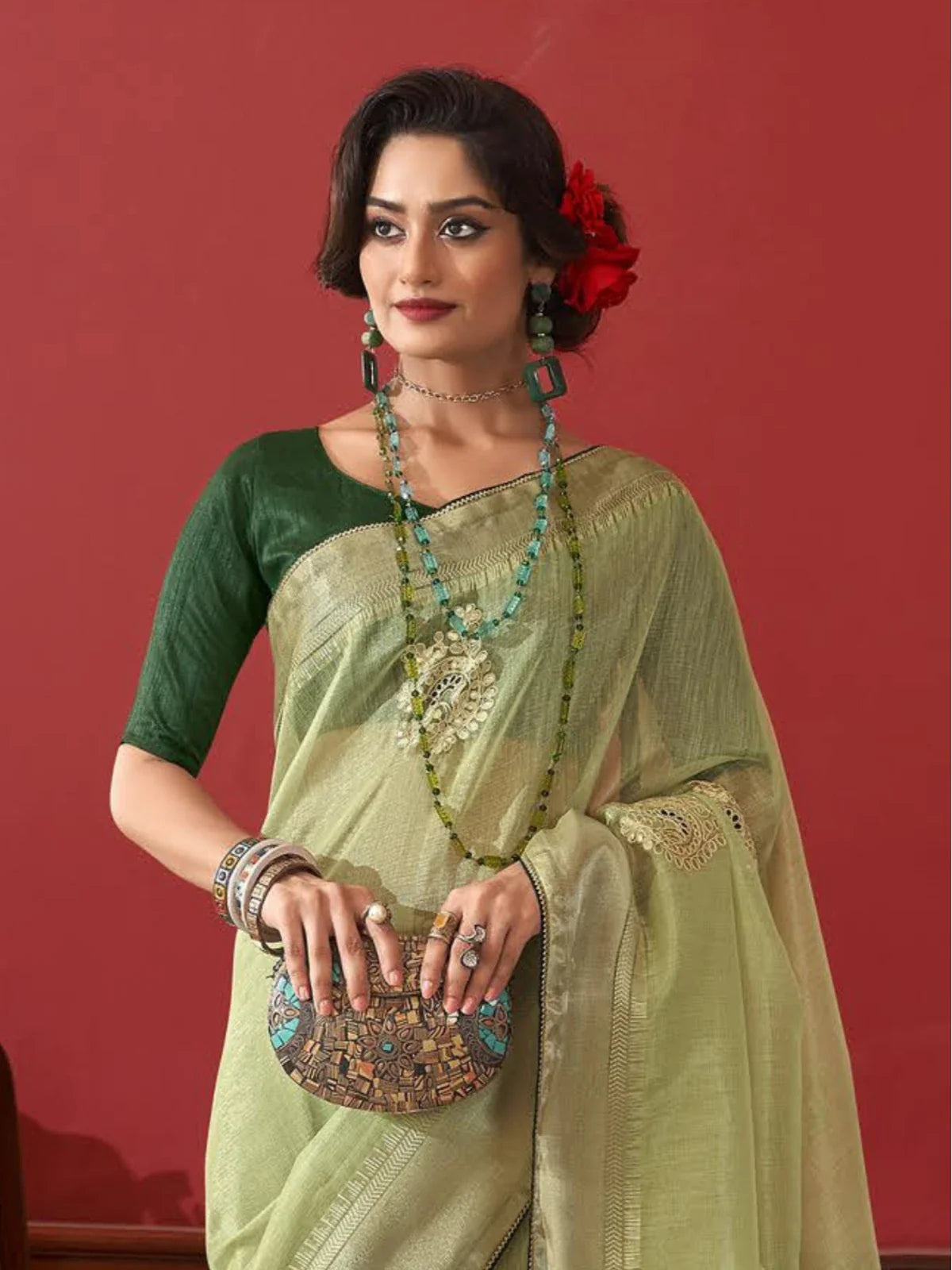 Tarani green fancy saree upper body view showing blouse and drape details