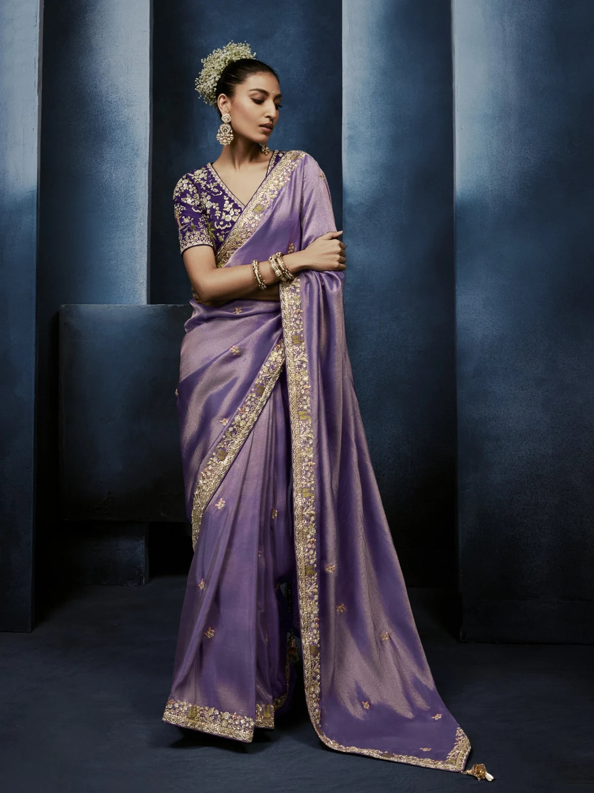 Tarani lavender fancy saree full view with embroidered border and designer blouse for wedding wear