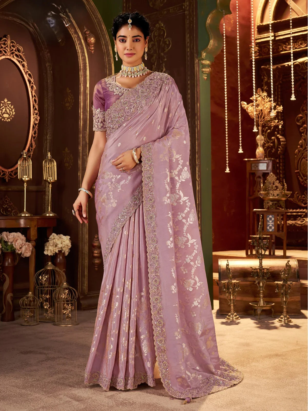 Tarani lavender fancy saree with zari embroidery and heavy latkan pallu for festive wedding look
