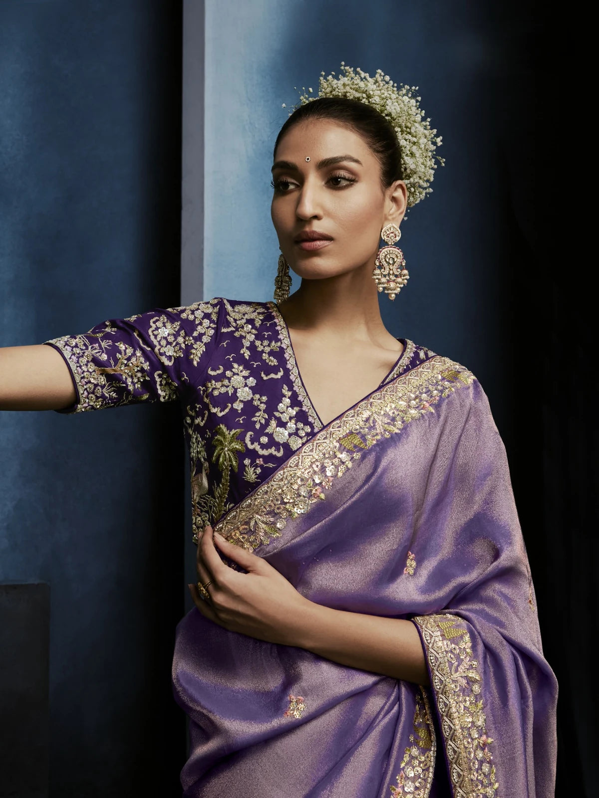 Tarani lavender fancy saree pallu view with detailed embroidery and premium festive styling