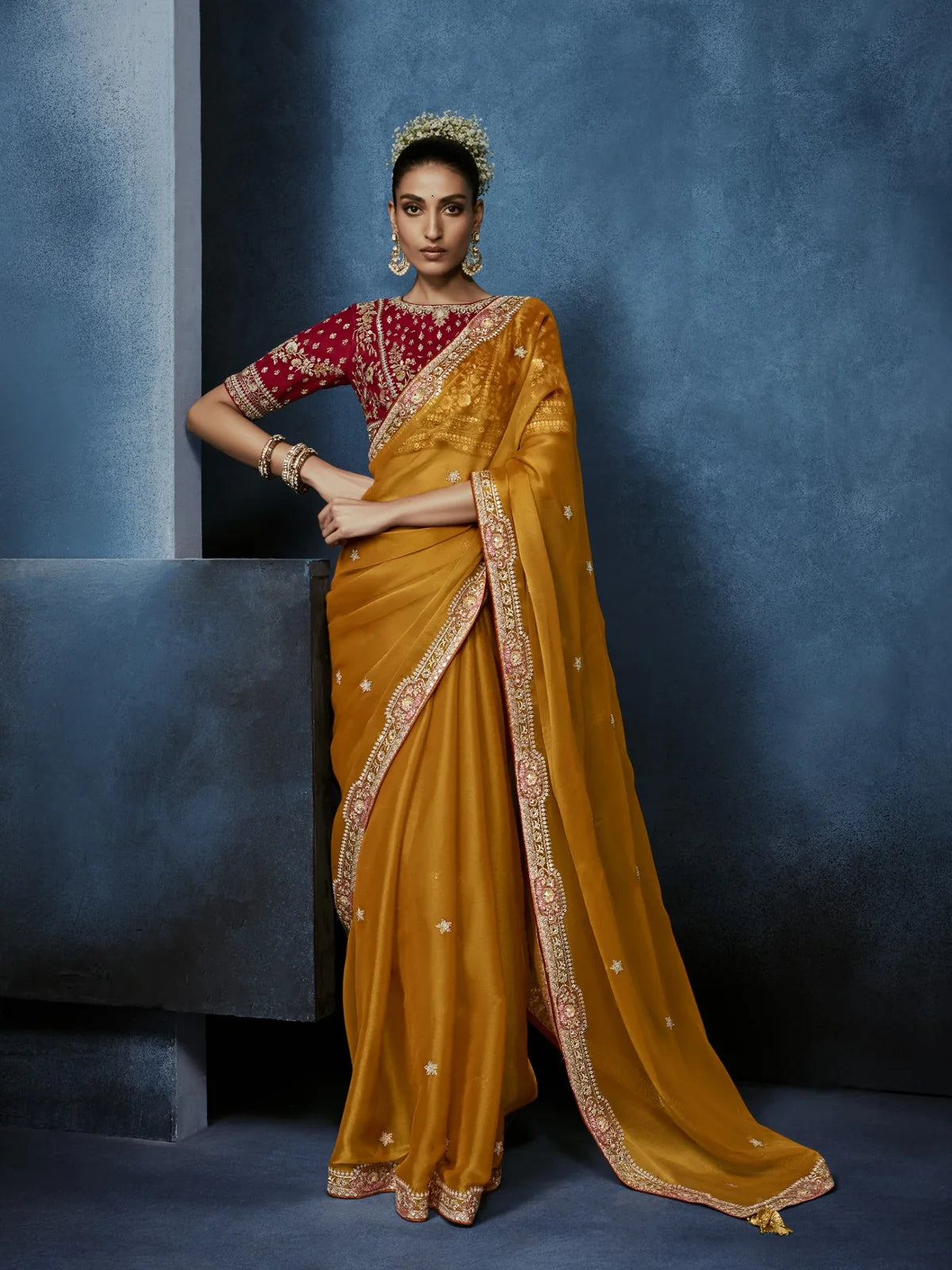 Tarani mustard fancy saree full view with embroidered maroon blouse for wedding celebrations
