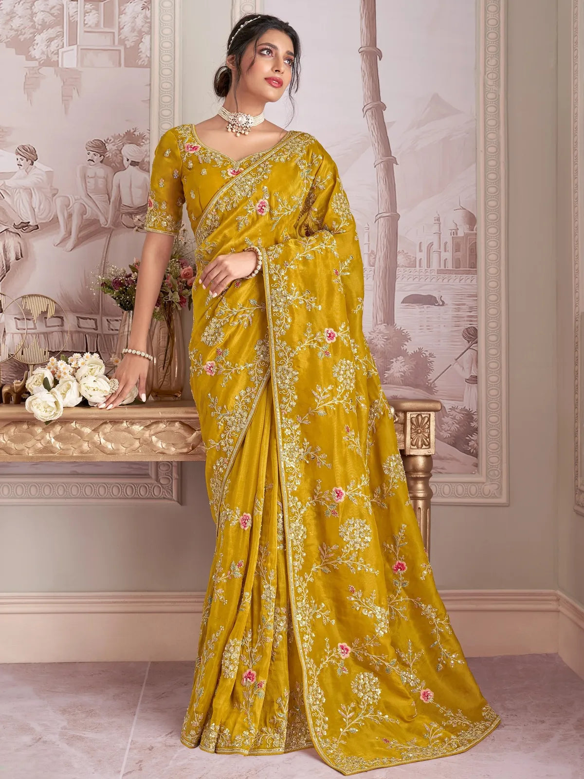 Tarani mustard fancy saree with floral embroidery full view