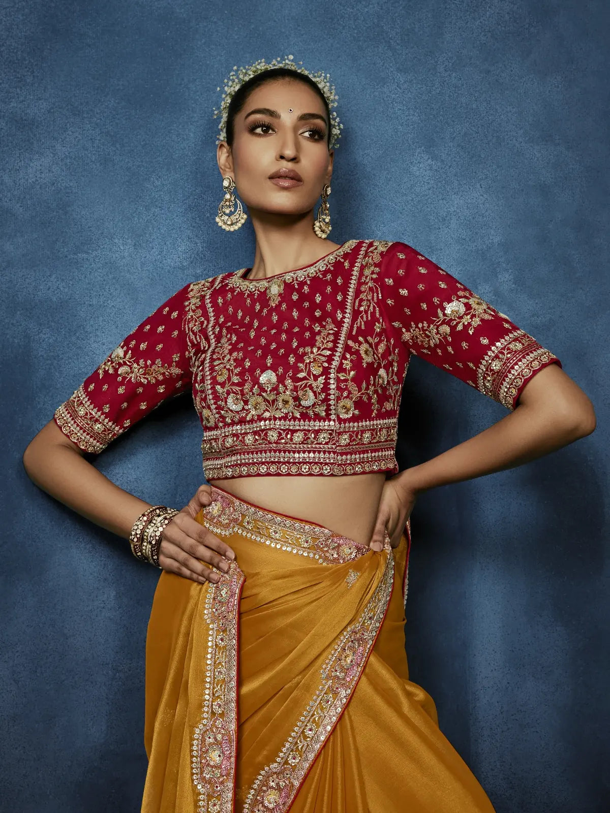 Tarani mustard saree upper body look with premium embroidered blouse and designer border