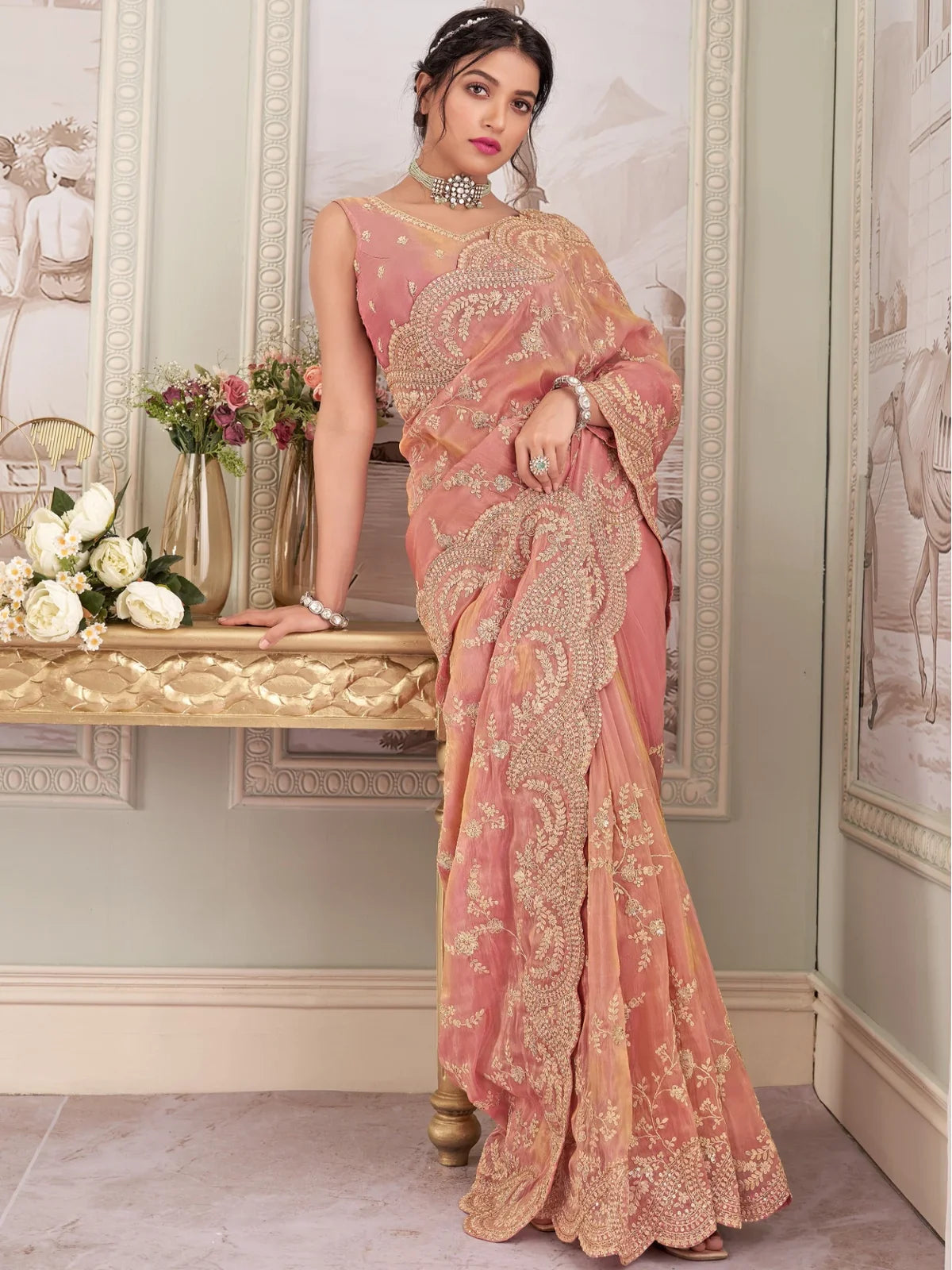 Tarani peach fancy saree with heavy cutwork border full view Gitikavati