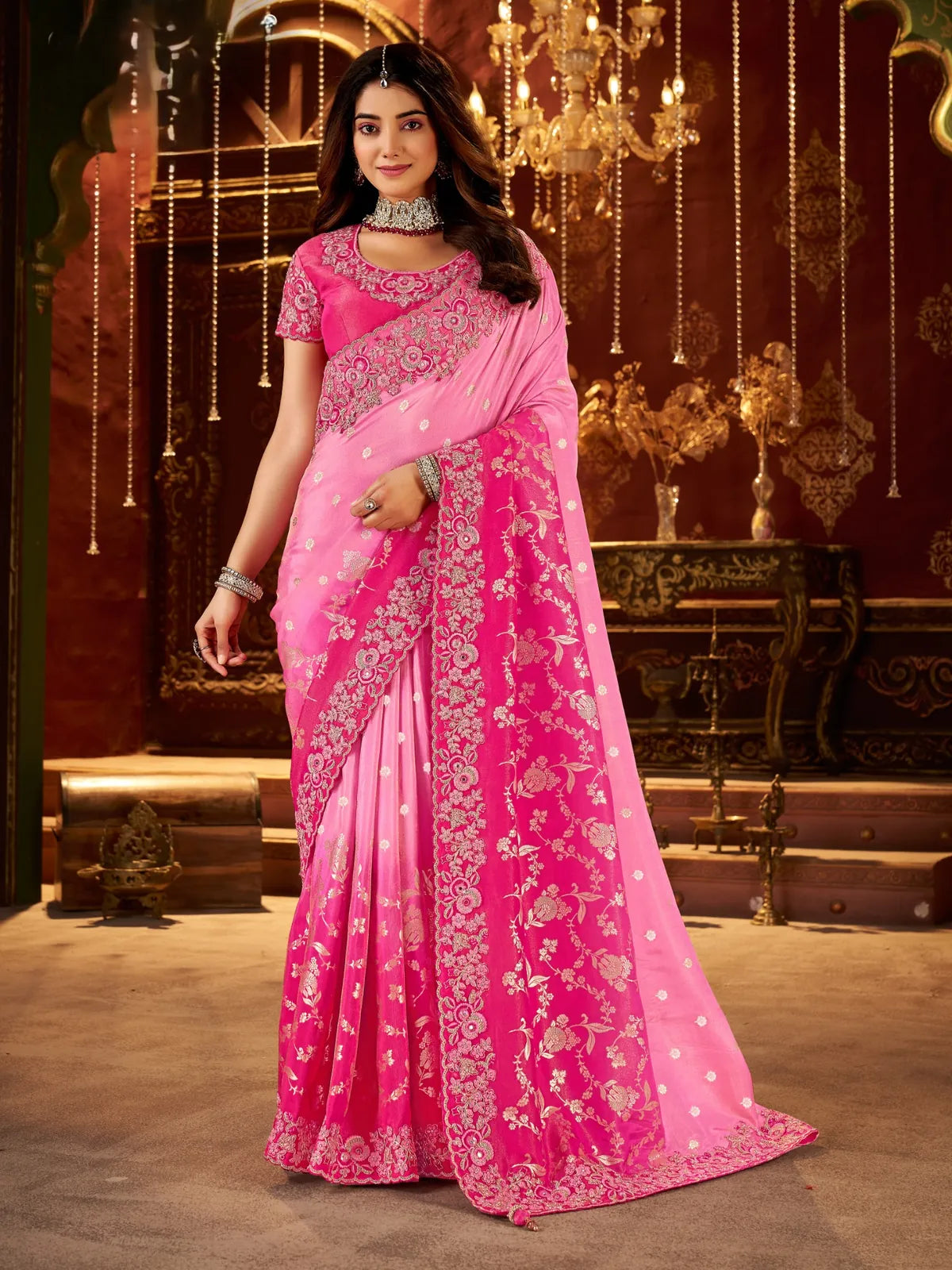 Tarani soft fancy pink saree with zari embroidered border and latkan pallu full view