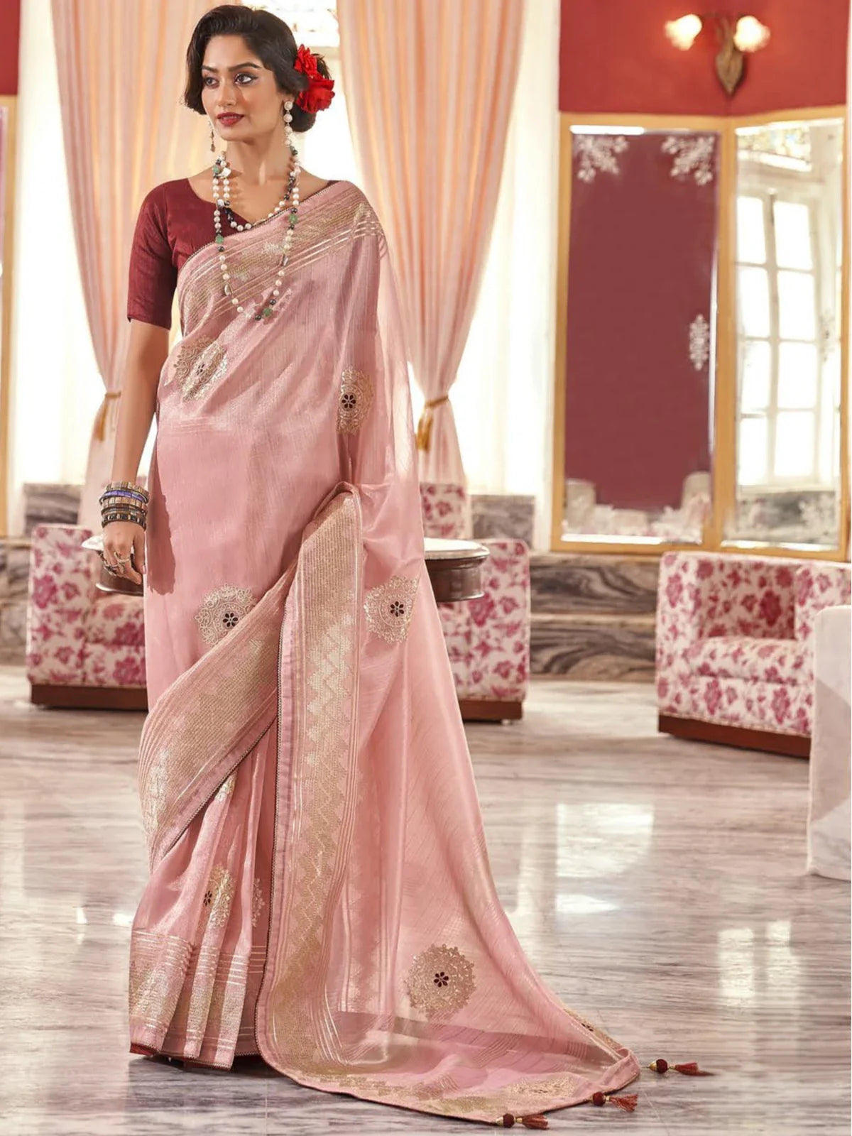 Tarani pink fancy festive saree with golden zari border and embroidery work