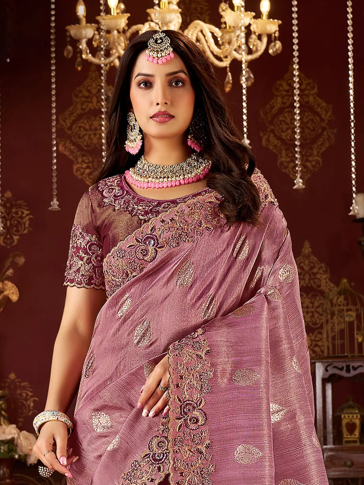 Tarani festive pink saree upper body look with floral embroidery blouse