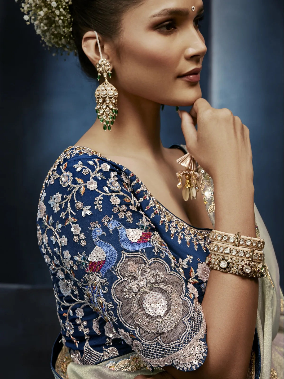 Tarani sage green saree side profile with premium embroidered blouse work