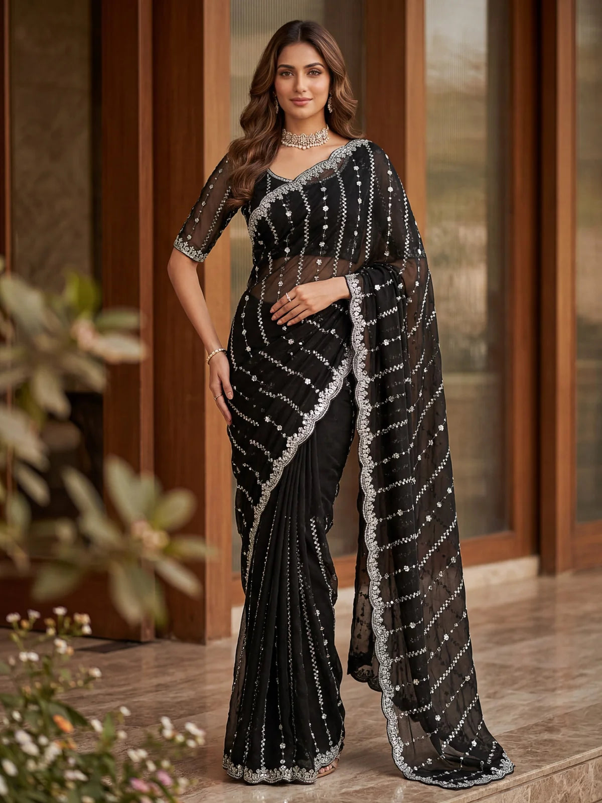 Tarani black Fandy Satin saree with beads and sequins embroidery full view for wedding wear