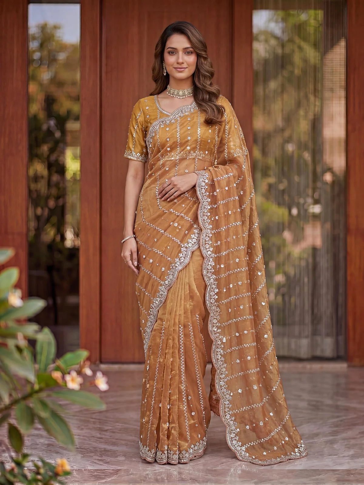 Tarani golden Fandy Satin saree with beads and sequins embroidery full bridal style front view