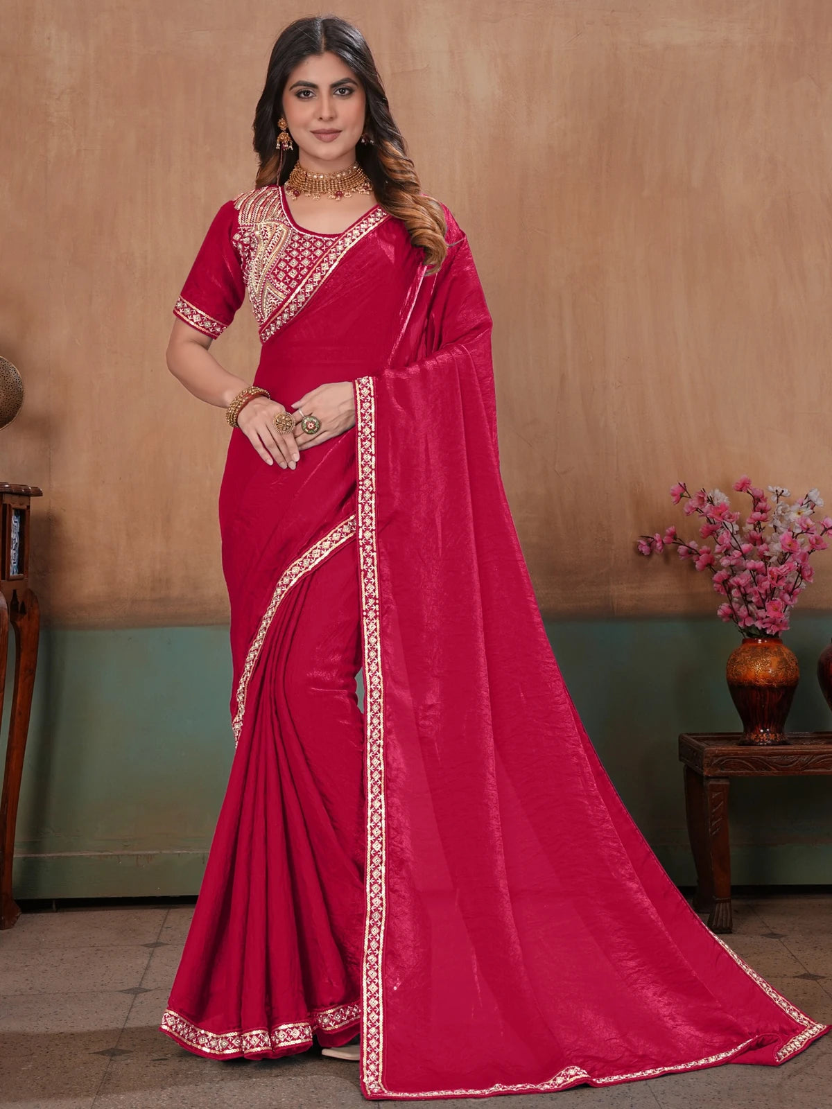 Tarani soft Fandy satin magenta saree with embroidered stitched blouse full-view