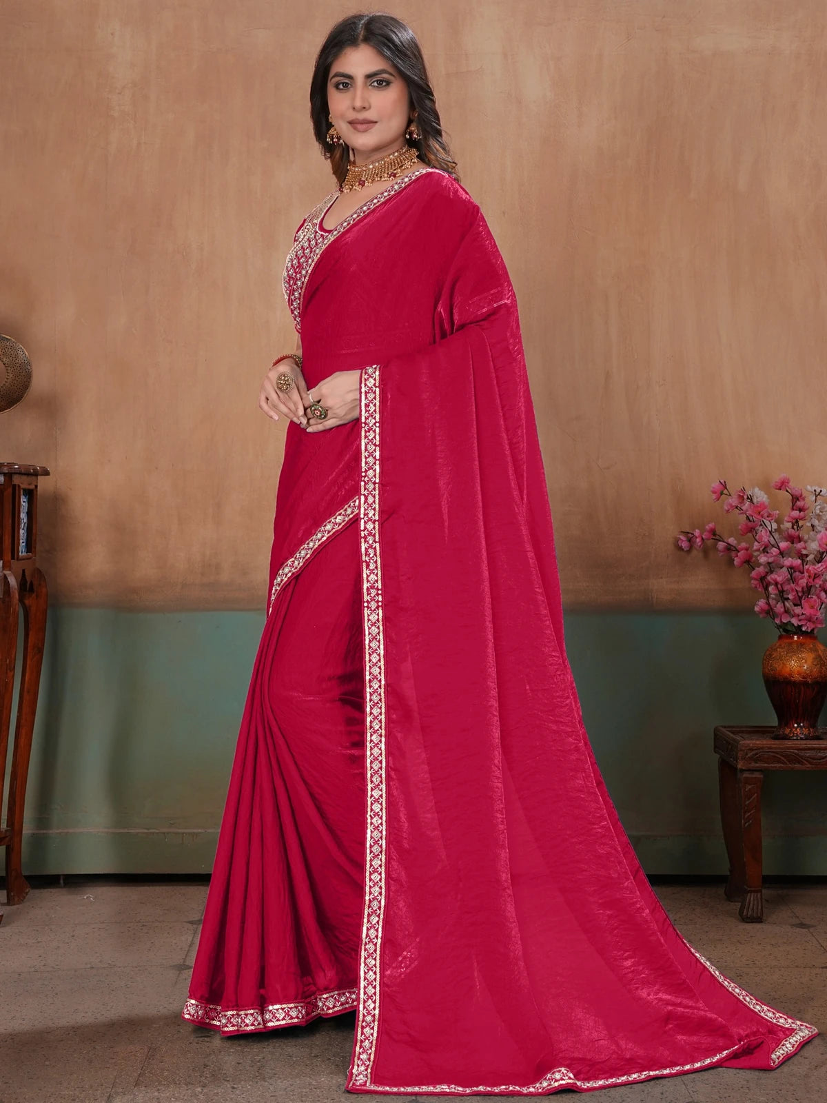 Tarani soft Fandy satin magenta saree with embroidered stitched blouse side-view