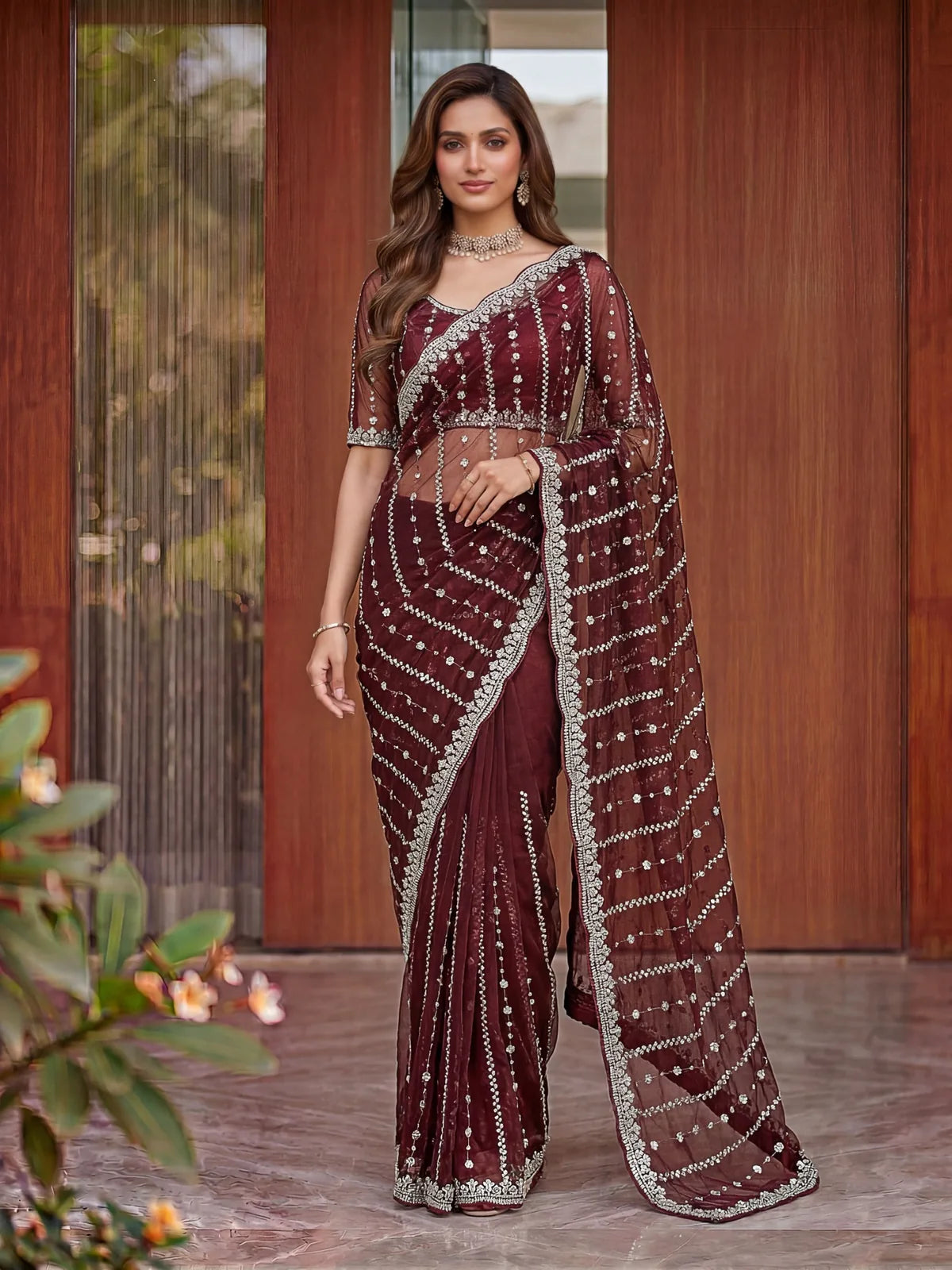 Tarani Devika maroon Fandy Satin saree full view with beads and sequins embroidery for wedding wear
