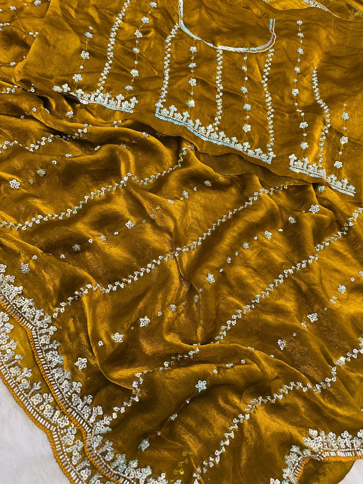 Tarani mustard Fandy Satin saree fabric closeup with beads and sequins embroidery details