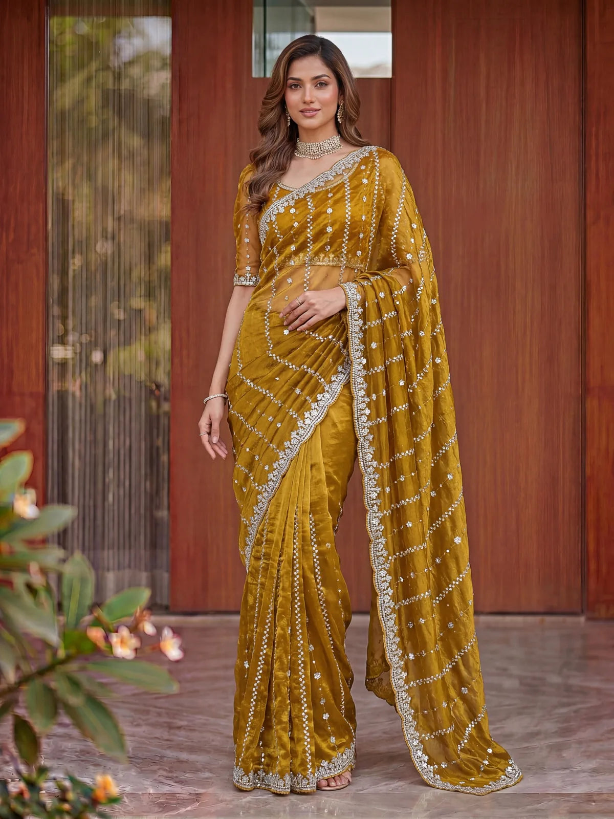 Tarani mustard Fandy Satin saree front pose with designer embroidery and wedding look