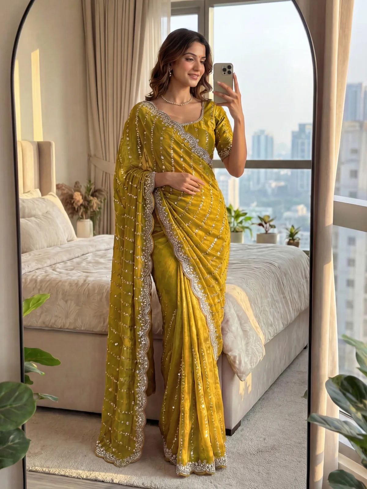 Tarani mustard Fandy Satin saree pallu view showcasing embroidered border and drape styling
