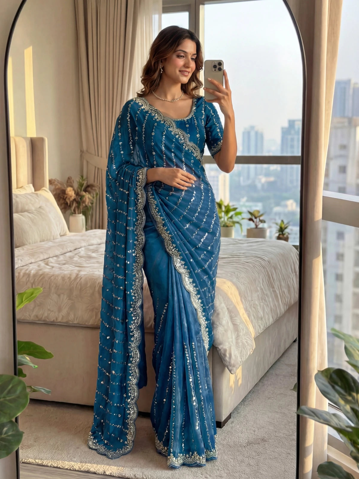 Tarani navy blue Fandy Satin saree mirror style front view with sequins work Akira