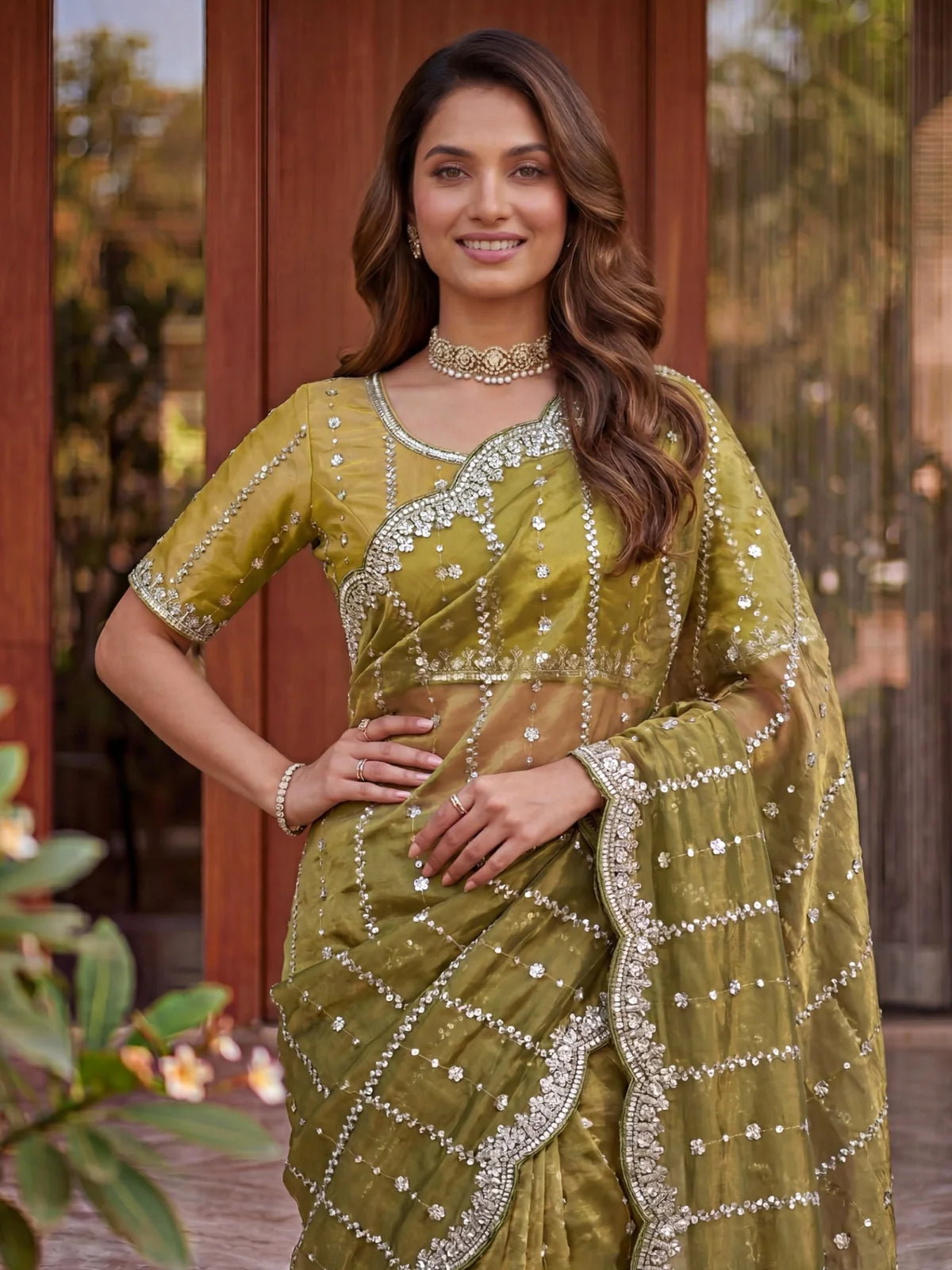 Tarani Shaila olive green Fandy Satin saree upper body view with embroidered blouse