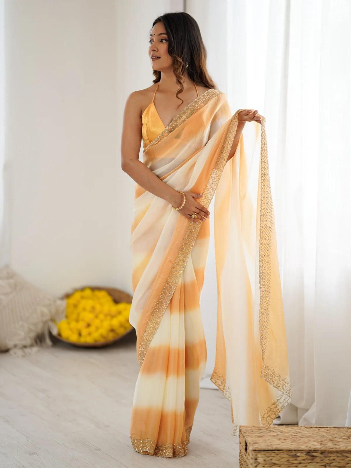 Tarani Hanshika peach and off white Fandy Satin saree with Zarkan Diamond border full view