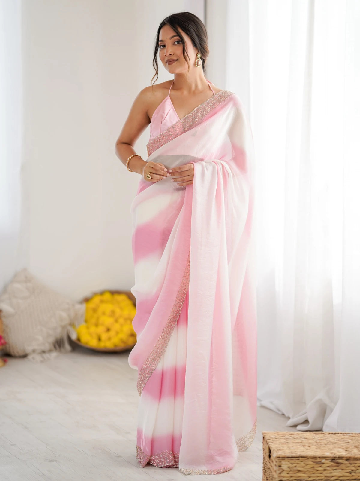 Tarani Saiyami pink and white Fandy Satin saree with Zarkan Diamond Work full view party wear saree