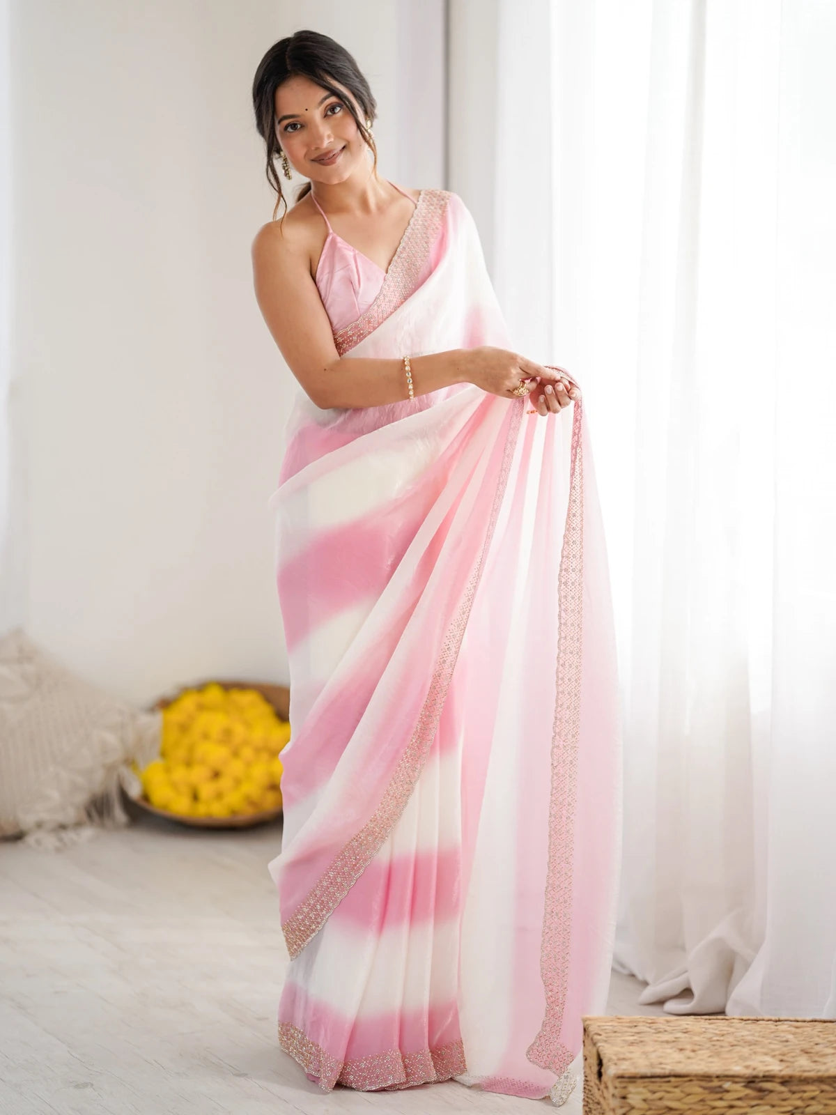 Tarani Saiyami pink and white Fandy Satin saree pallu view with sparkling embellished border