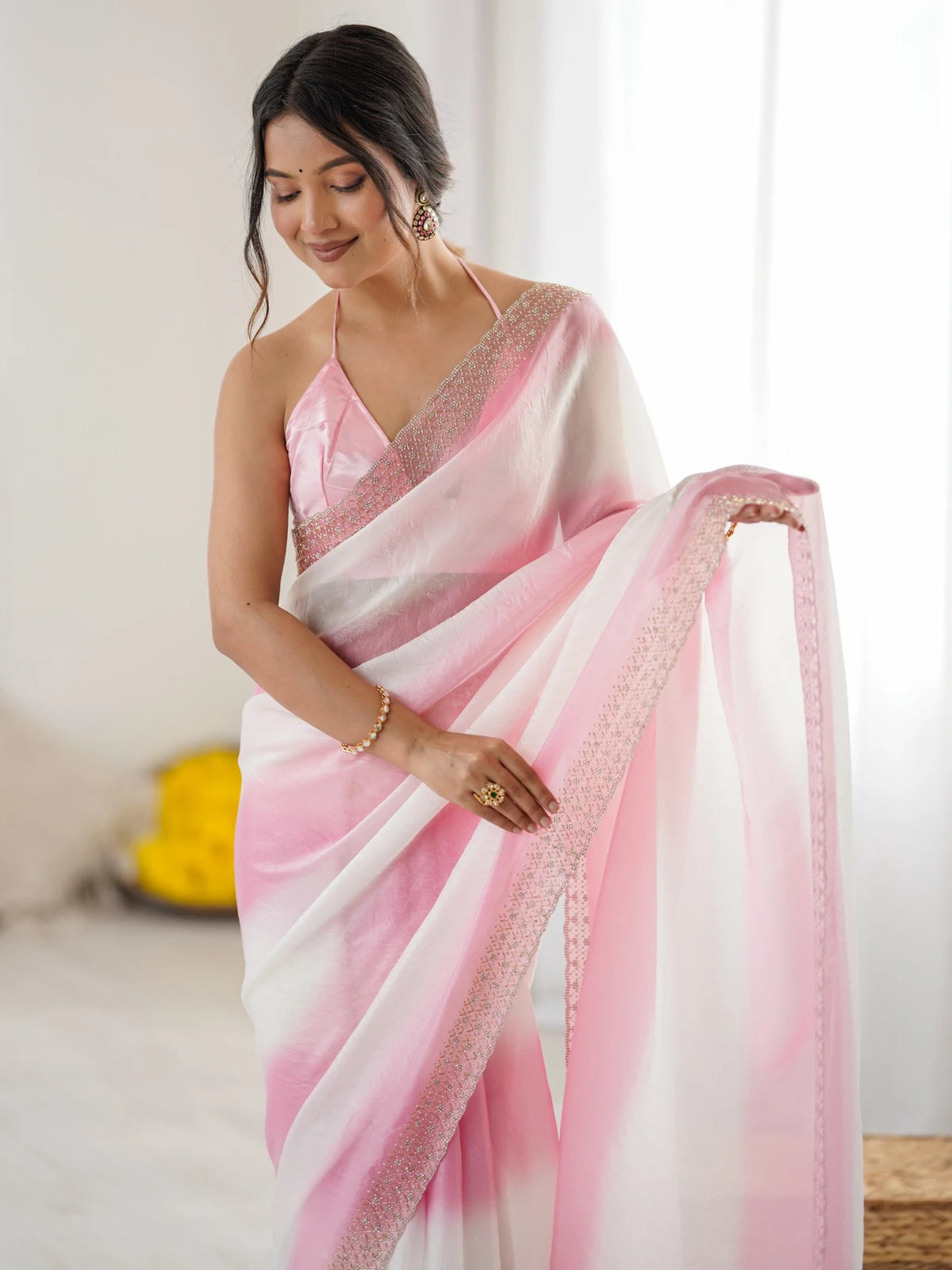 Tarani Saiyami pink and white Fandy Satin saree upper body view with elegant embellished border