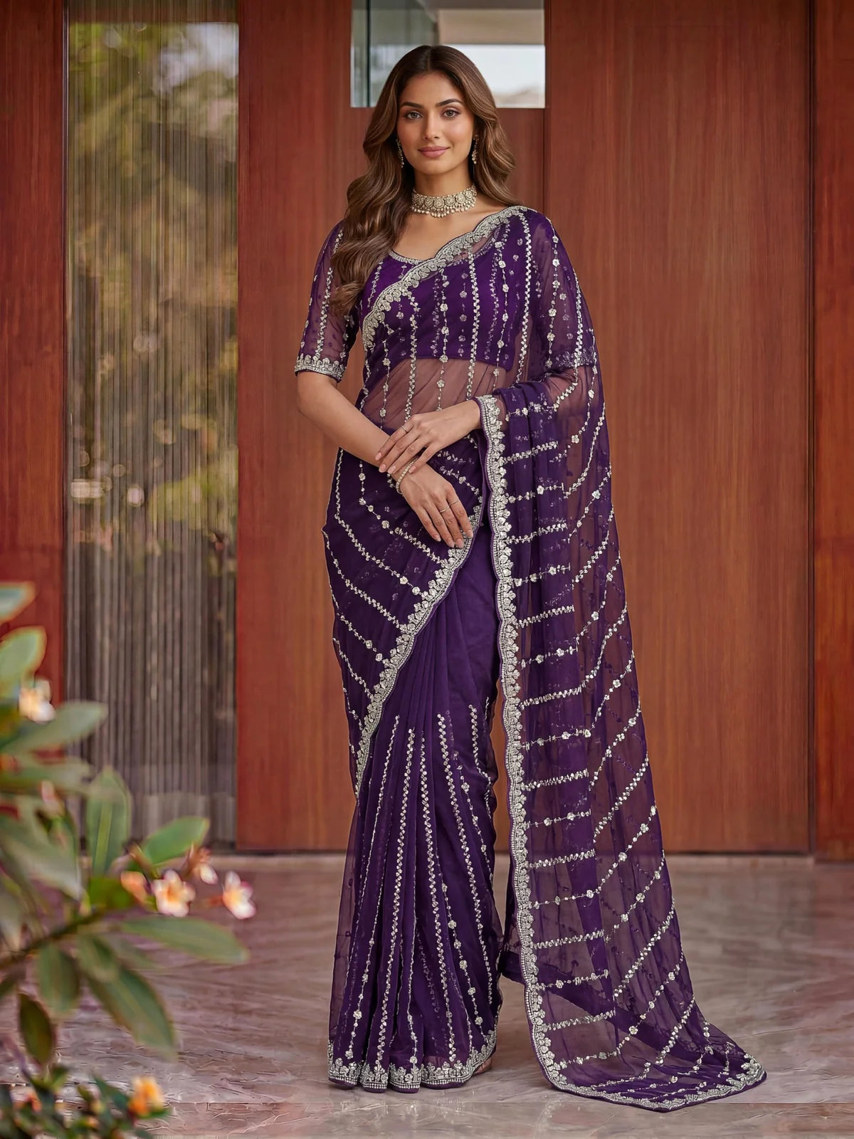 Tarani Sadhika designer purple saree front view showcasing drape and border