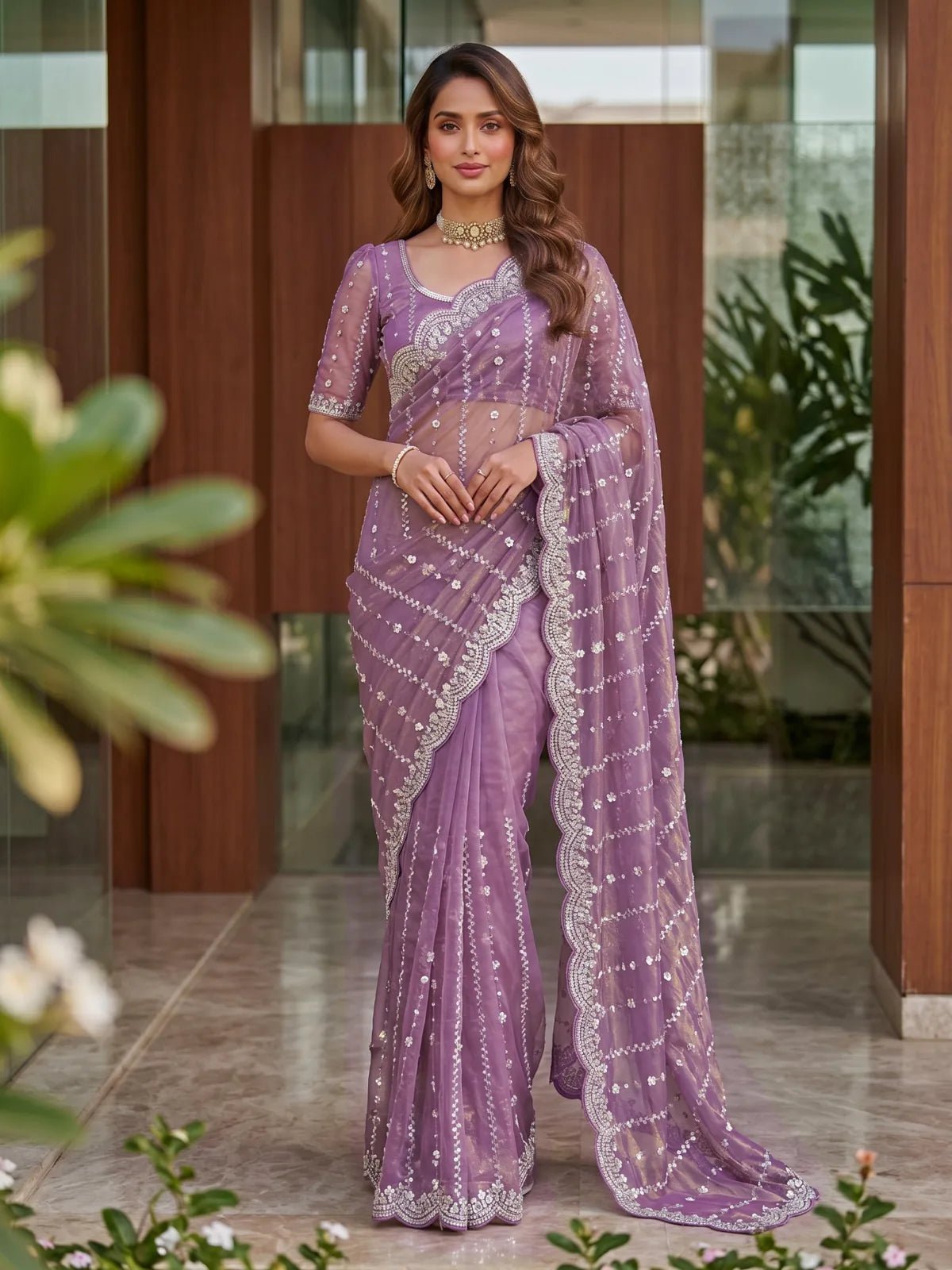 Tarani purple Fandy Satin designer saree full view with sequins embroidery and elegant drape