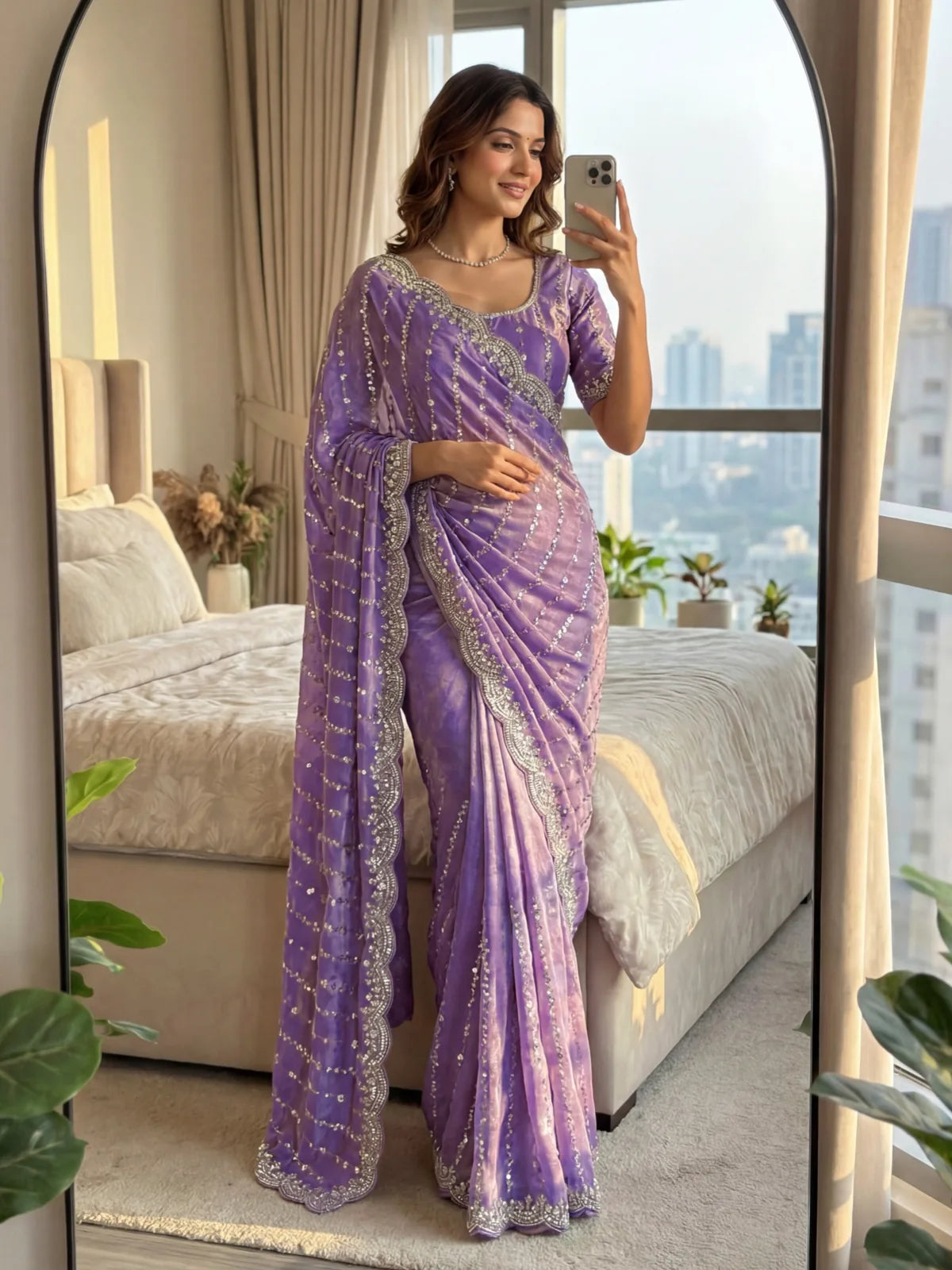 Tarani purple Fandy Satin saree side pose showcasing embroidered pallu and border detailing