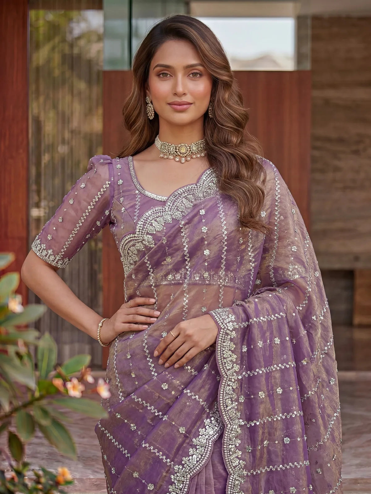 Tarani purple Fandy Satin saree upper body view with embroidered blouse and scalloped border