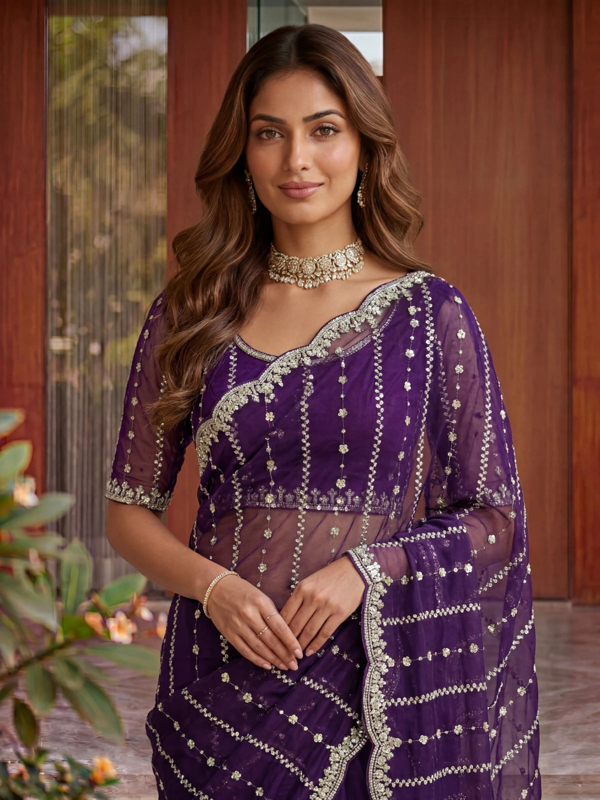 Tarani Sadhika embroidered purple saree upper body blouse detail view