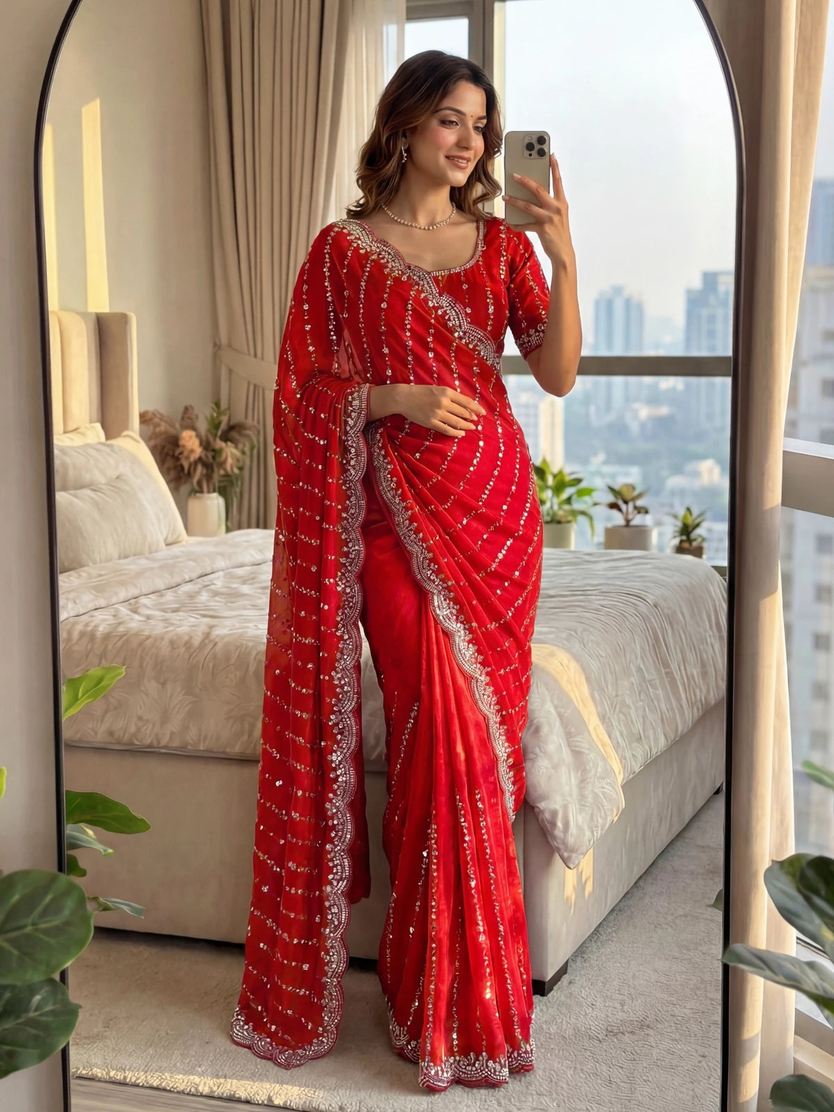 Tarani Raima red Fandy Satin saree mirror style full length drape view with embroidery
