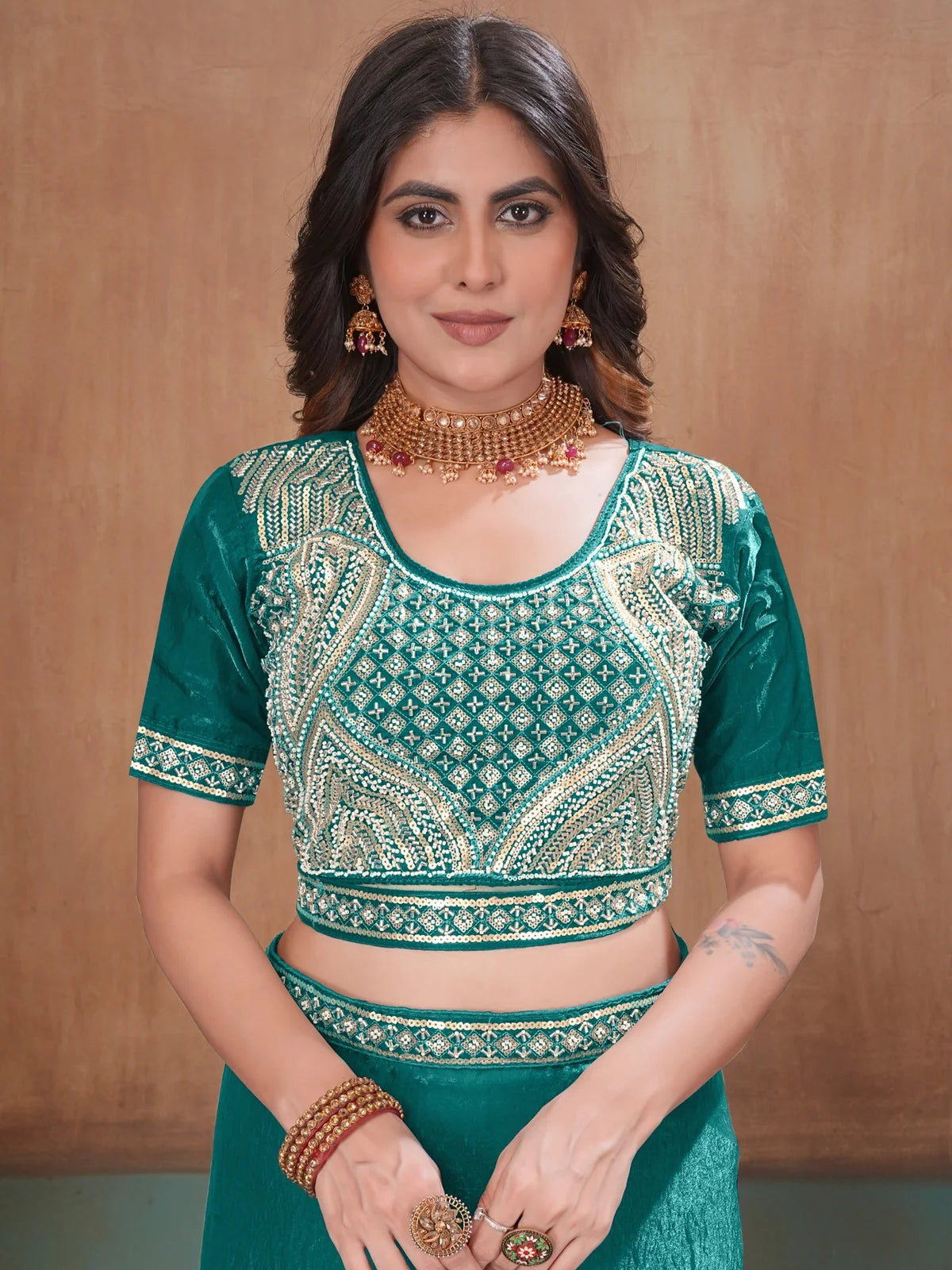 Tarani embroidered Fandy Satin stitched blouse close view with intricate embroidery bits work